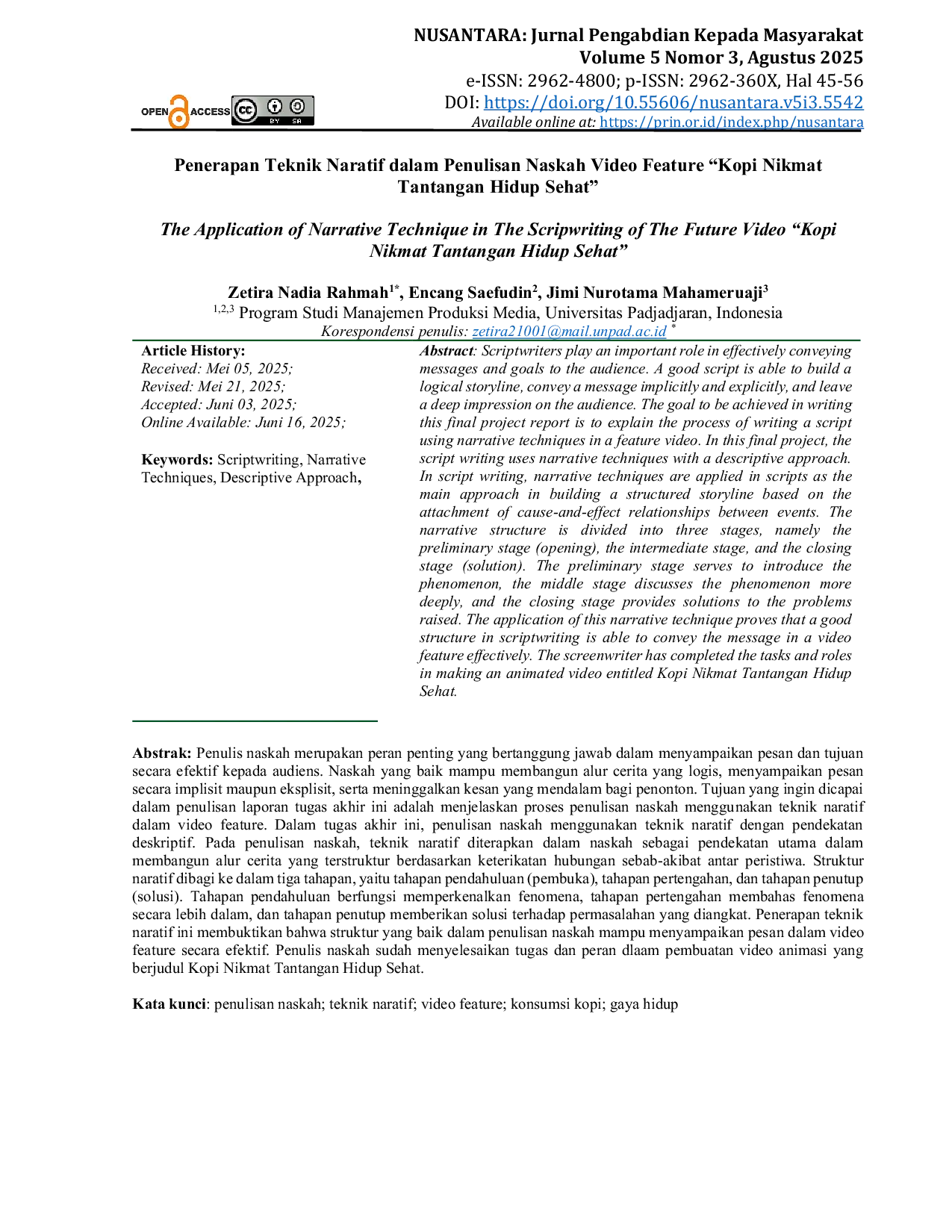 JURIS Penerapan Teknik Naratif dalam Penulisan Naskah Video Feature Kopi Nikmat Tantangan Hidup Sehat