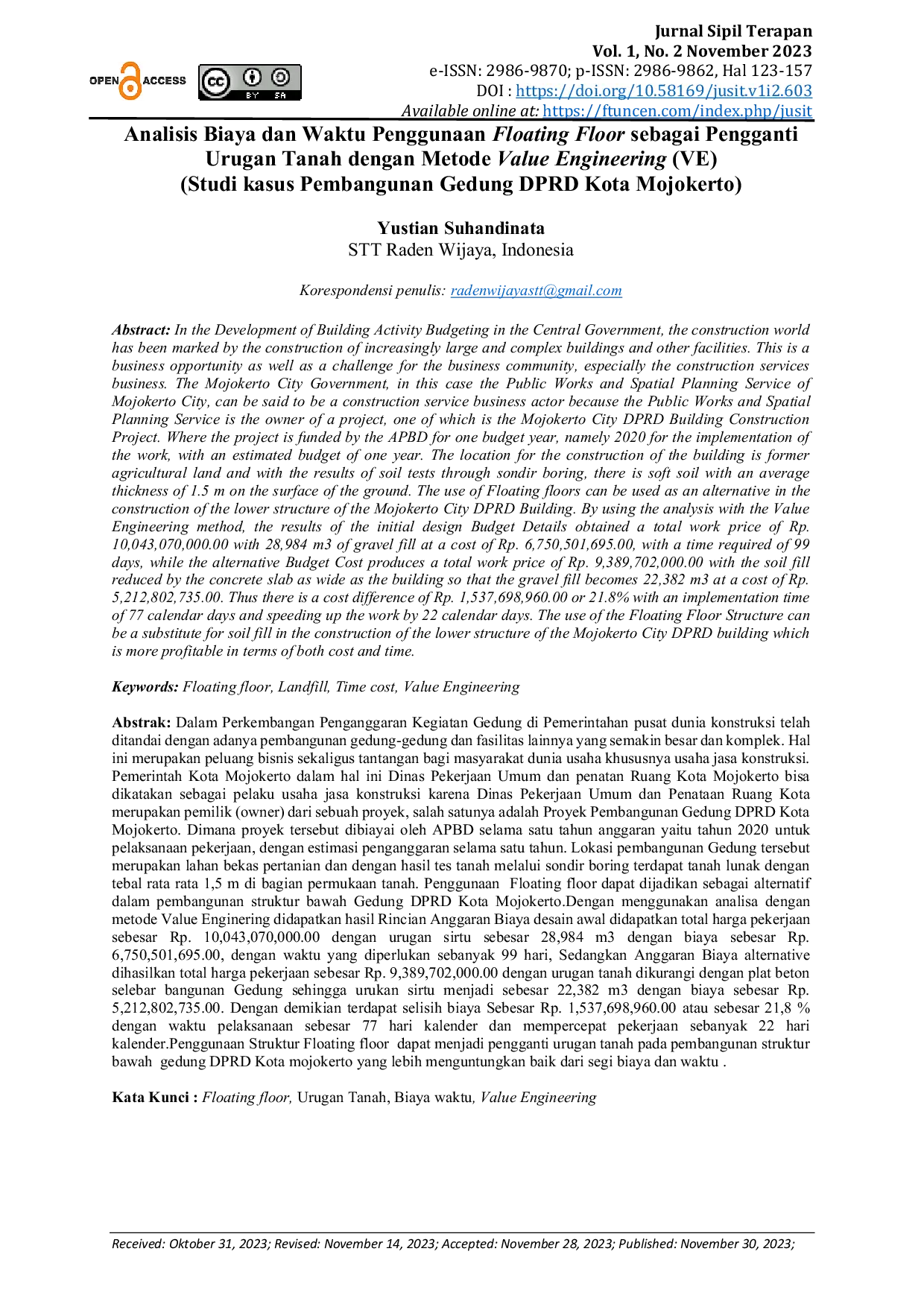 JURIS Analisis Biaya dan Waktu Penggunaan Floating Floor sebagai Pengganti Urugan Tanah dengan Metode Value Engineering VE Studi kasus Pembangunan Gedung DPRD Kota Mojokerto