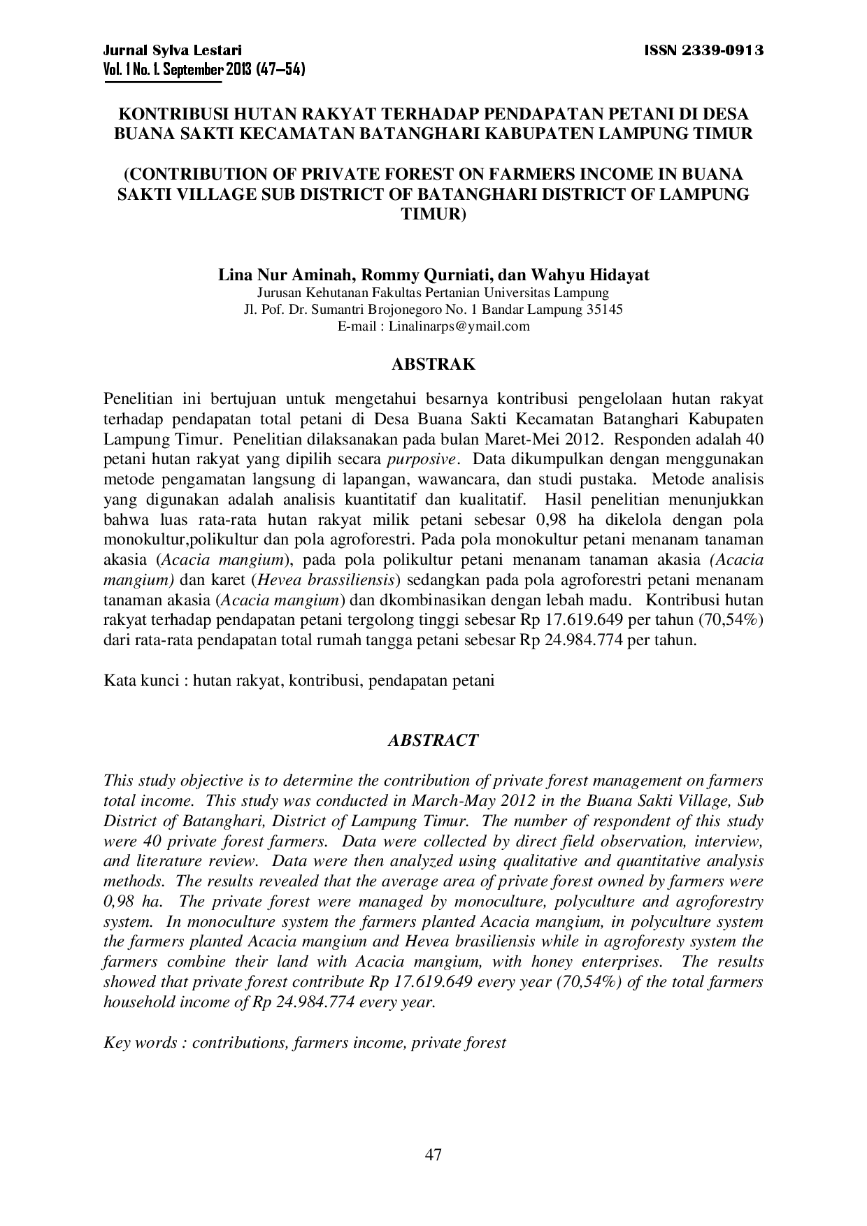 juris Kontribusi Hutan Rakyat Terhadap Pendapatan Petani Di Desa Buana Sakti Kecamatan Batanghari Kabupaten Lampung Timur