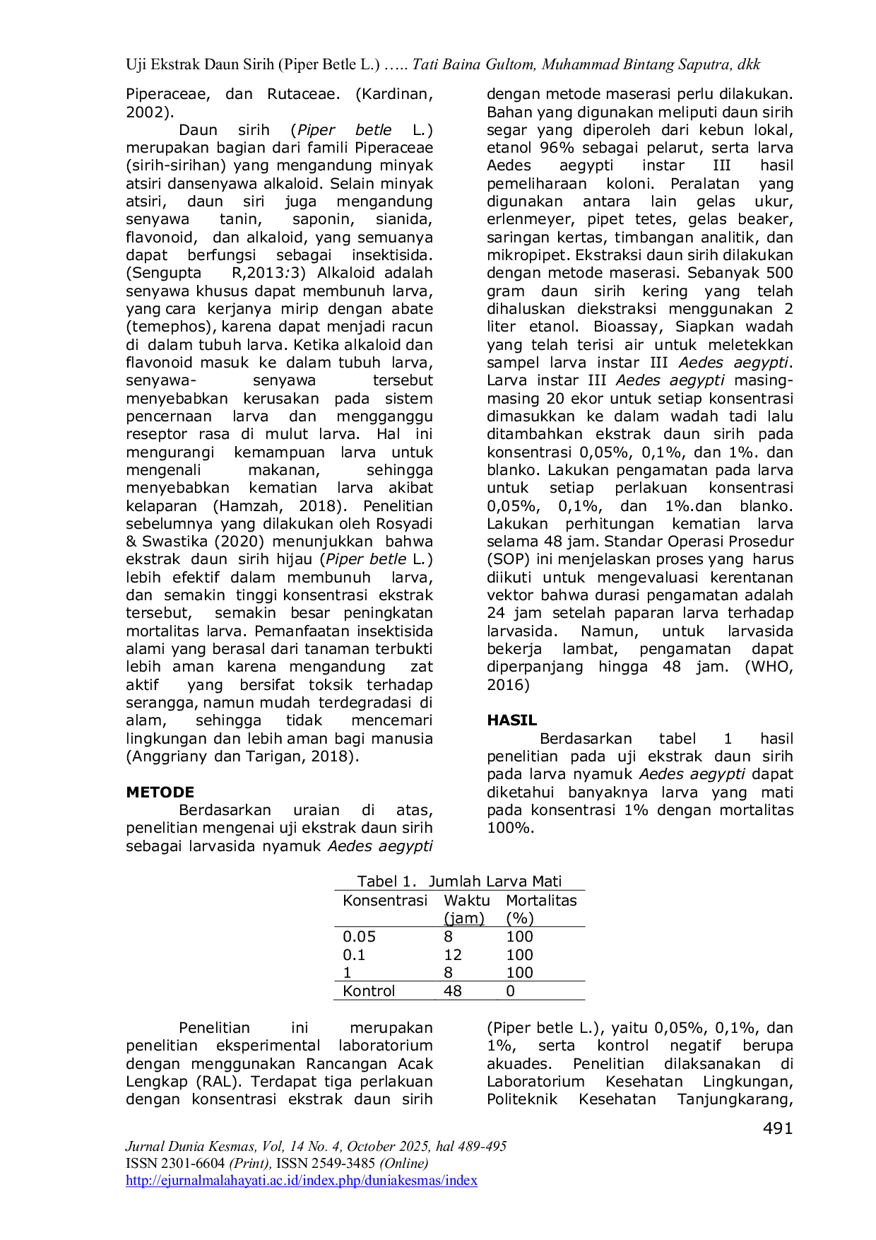 JURIS Uji Ekstrak Daun Sirih Piper betle L Sebagai Larvasida Nyamuk Aedes aegypti Metode Maserasi