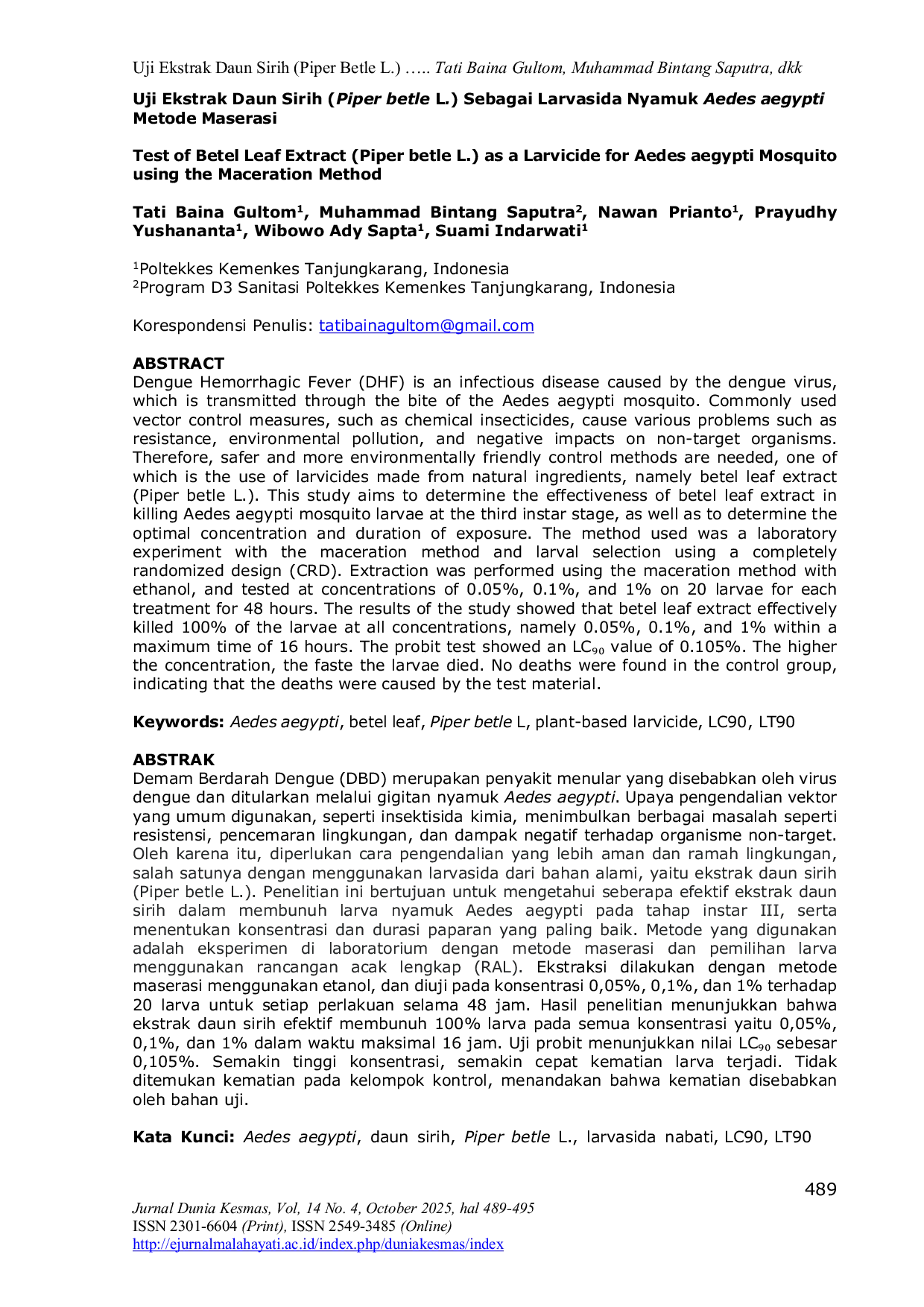 JURIS Uji Ekstrak Daun Sirih Piper betle L Sebagai Larvasida Nyamuk Aedes aegypti Metode Maserasi