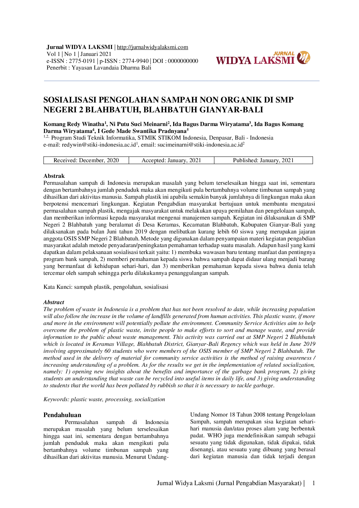 JURIS Sosialisasi Pengolahan Sampah Non Organik di SMP Negeri 2 Blahbatuh Blahbatuh Gianyar Bali