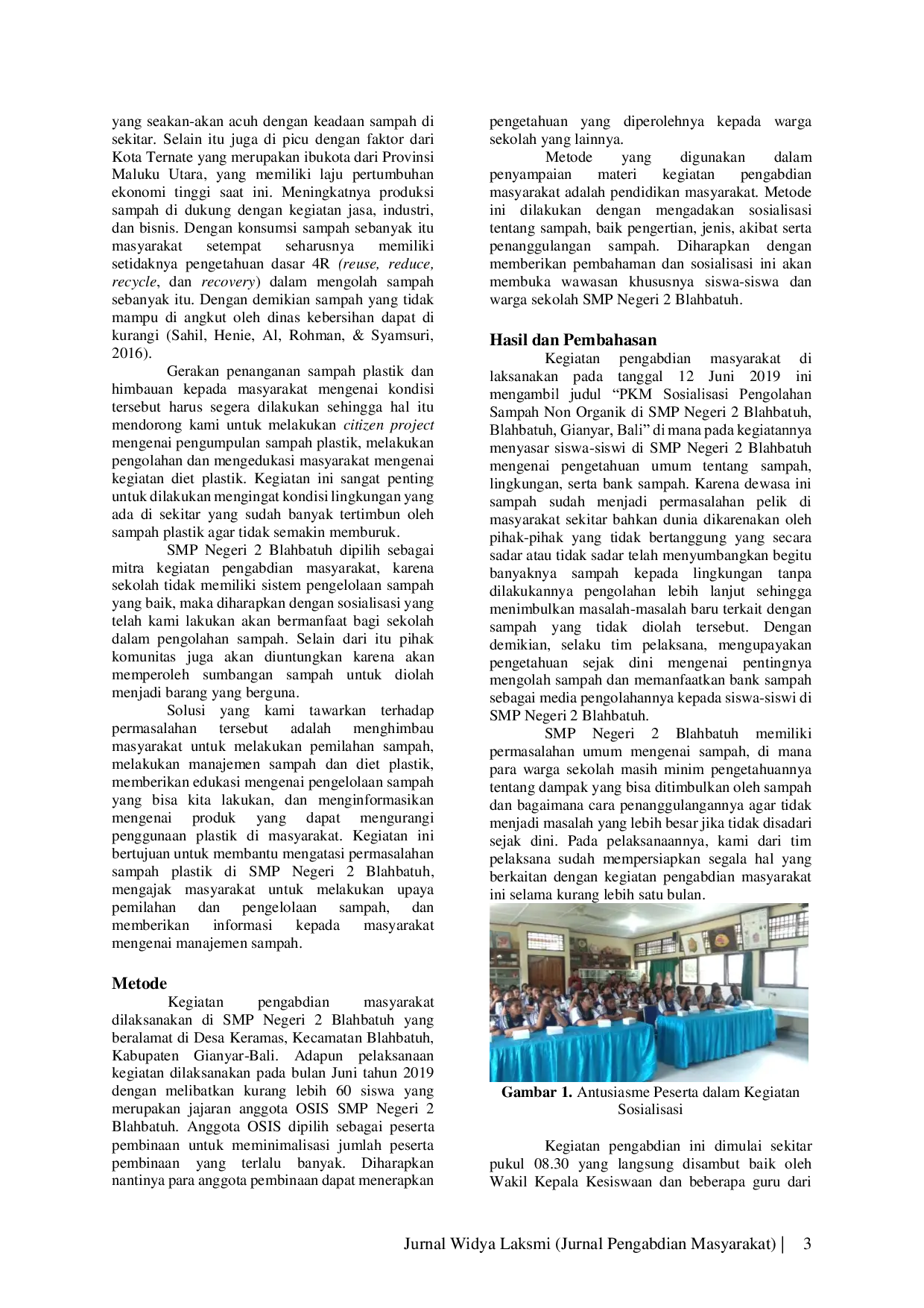 JURIS Sosialisasi Pengolahan Sampah Non Organik di SMP Negeri 2 Blahbatuh Blahbatuh Gianyar Bali