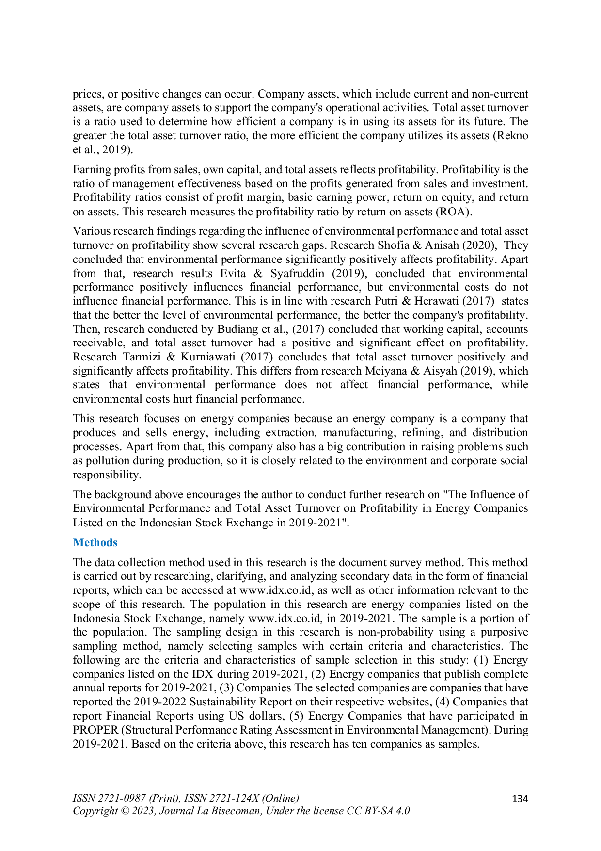 JURIS Analysis of the Effect of Environmental Performance and Total Asset Turnover on the Profitability of Energy Companies Listed on the Indonesian Stock Exchange in 2019 2021