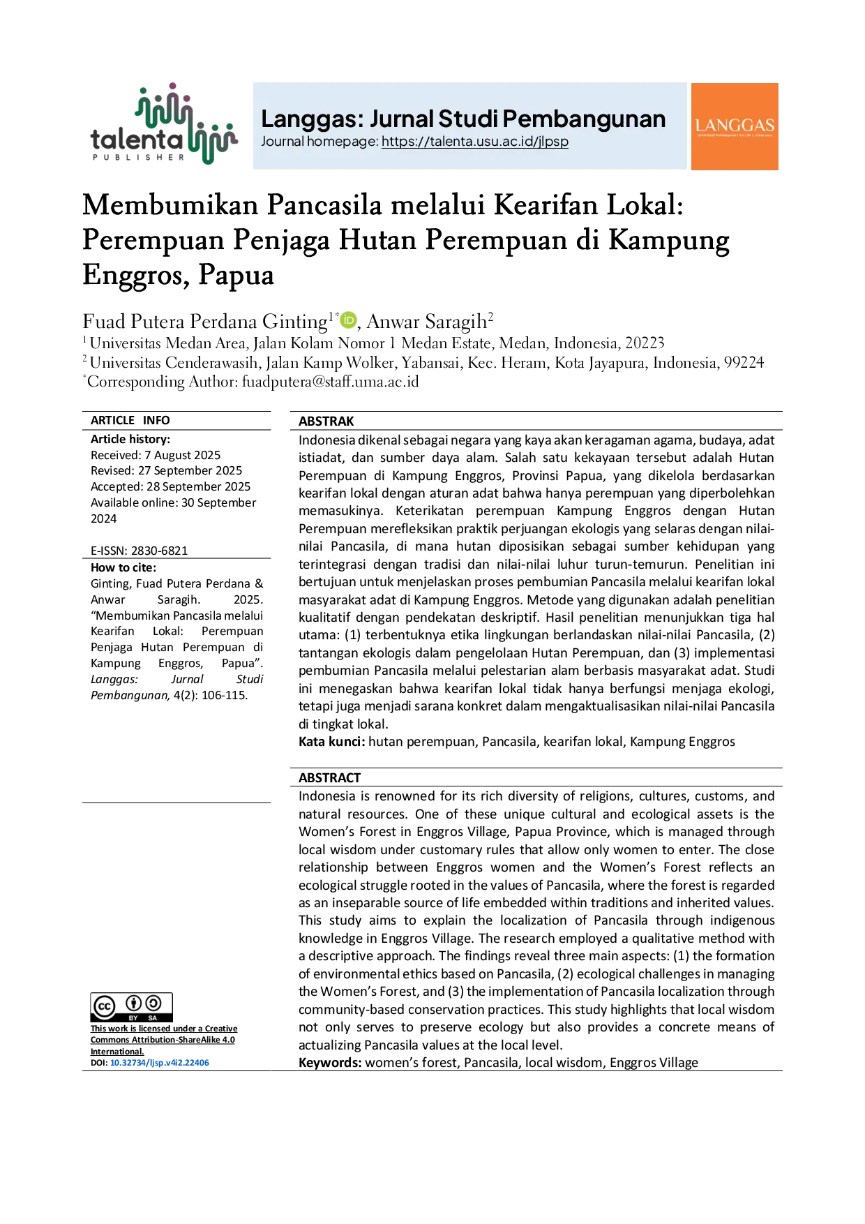 JURIS Membumikan Pancasila melalui Kearifan Lokal Perempuan Menjaga Hutan Perempuan di Kampung Enggros Papua