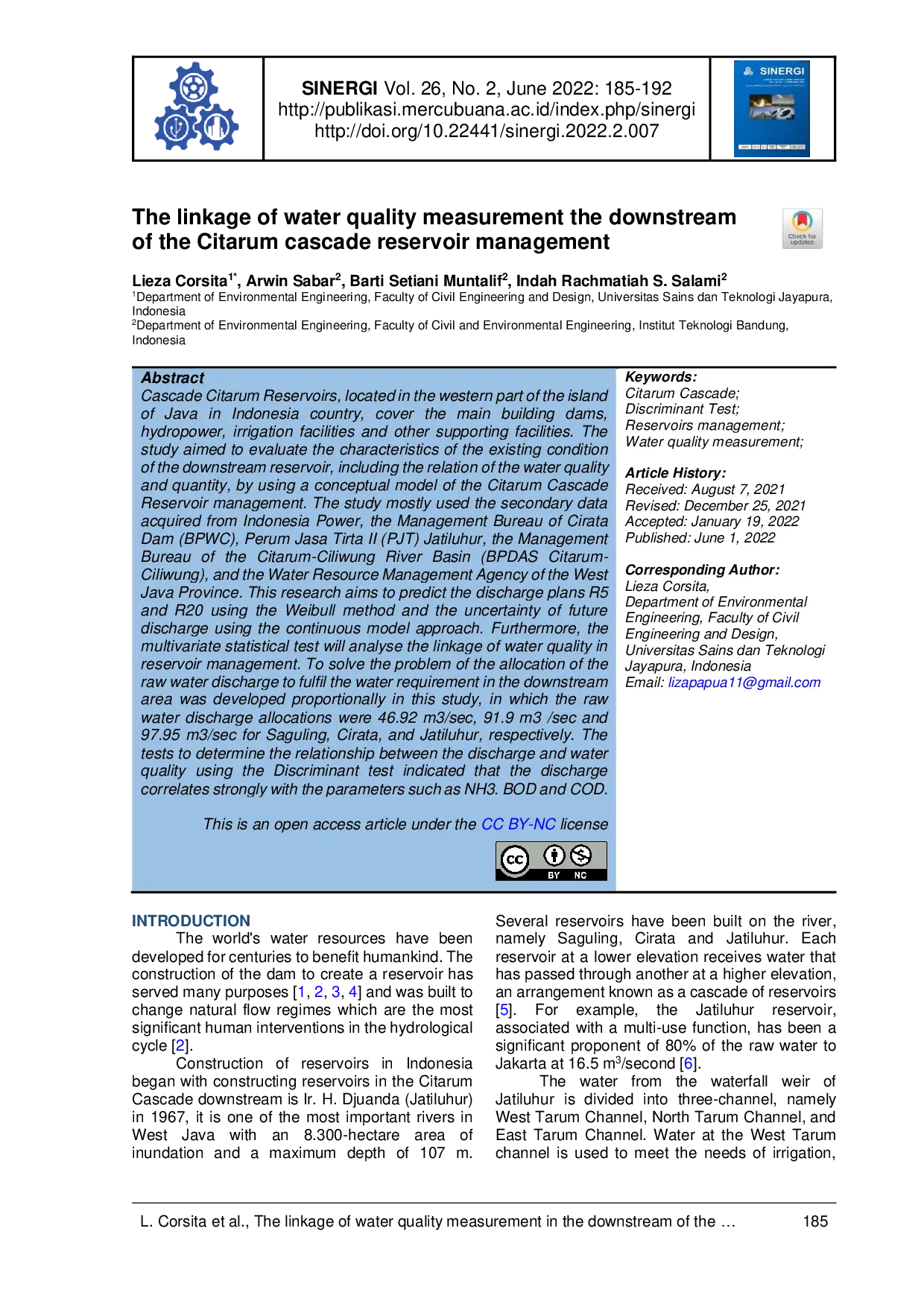 JURIS The linkage of water quality measurement the downstream of the Citarum cascade reservoir management