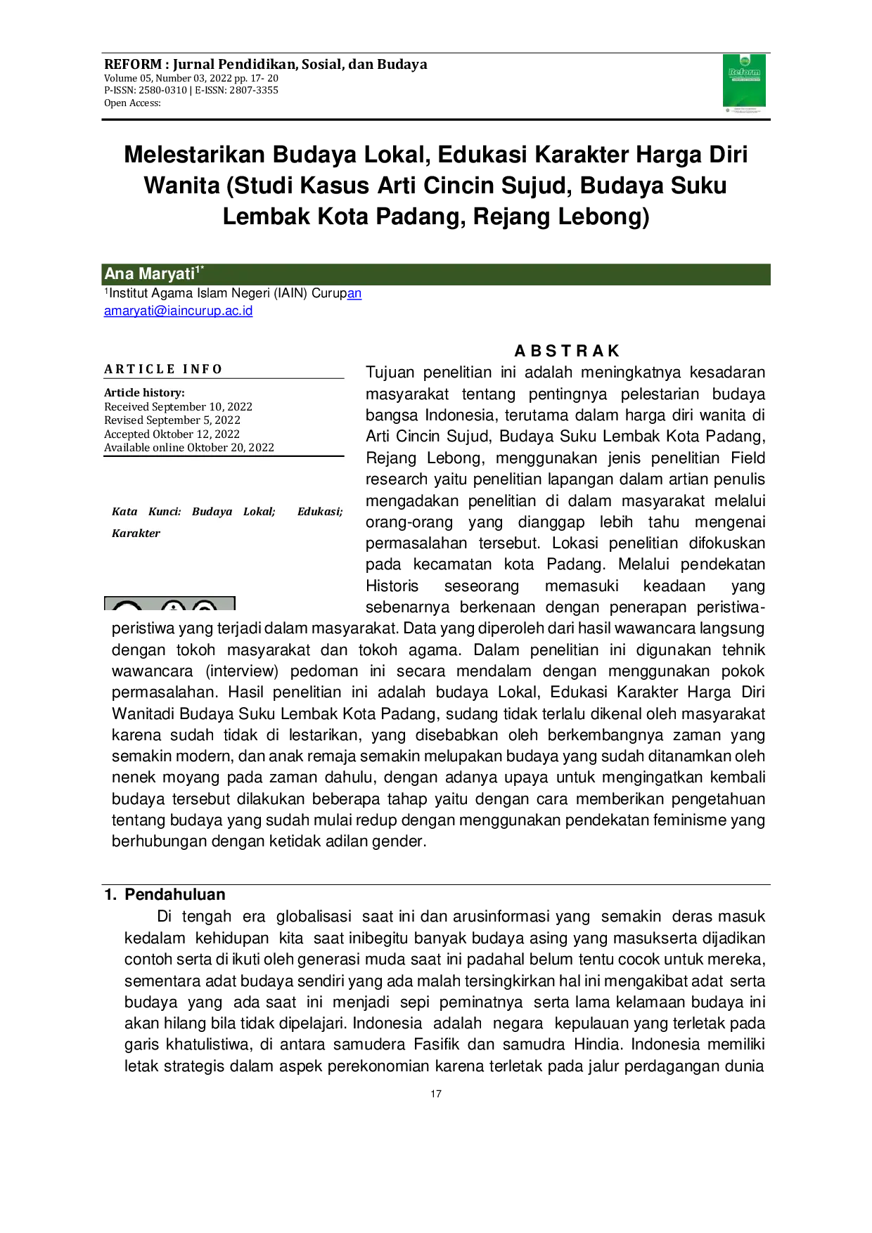 JURIS Melestarikan Budaya Lokal Edukasi Karakter Harga Diri Wanita Studi Kasus Arti Cincin Sujud Budaya Suku Lembak Kota Padang Rejang Lebong