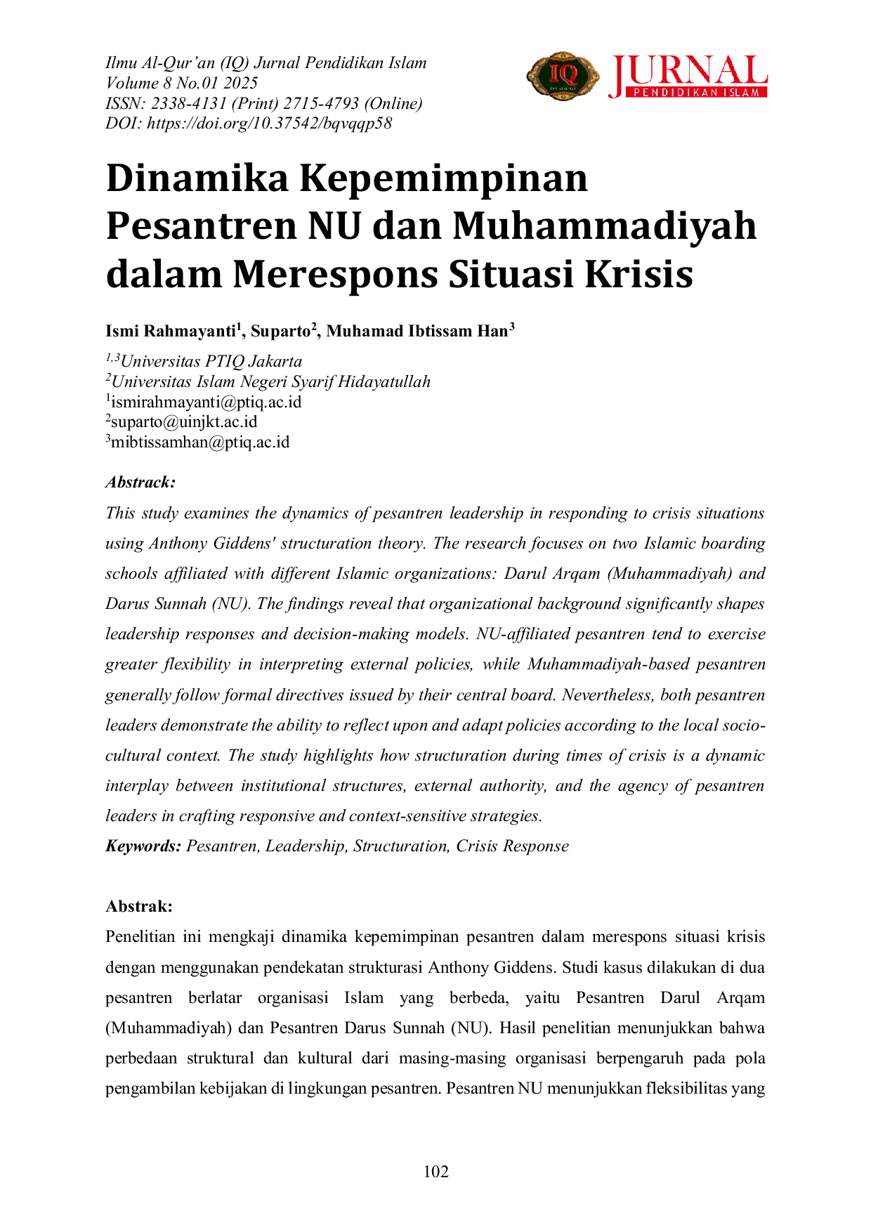 JURIS Dinamika Kepemimpinan Pesantren NU dan Muhammadiyah dalam Merespons Situasi Krisis