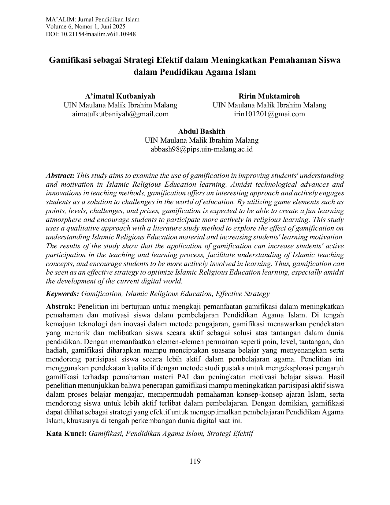 JURIS Gamifikasi sebagai Strategi Efektif dalam Meningkatkan Pemahaman Siswa dalam Pendidikan Agama Islam