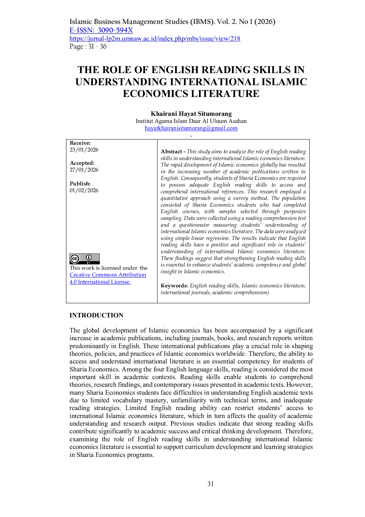 JURIS The Role of English Reading Skills in Understanding International Islamic Economics Literature