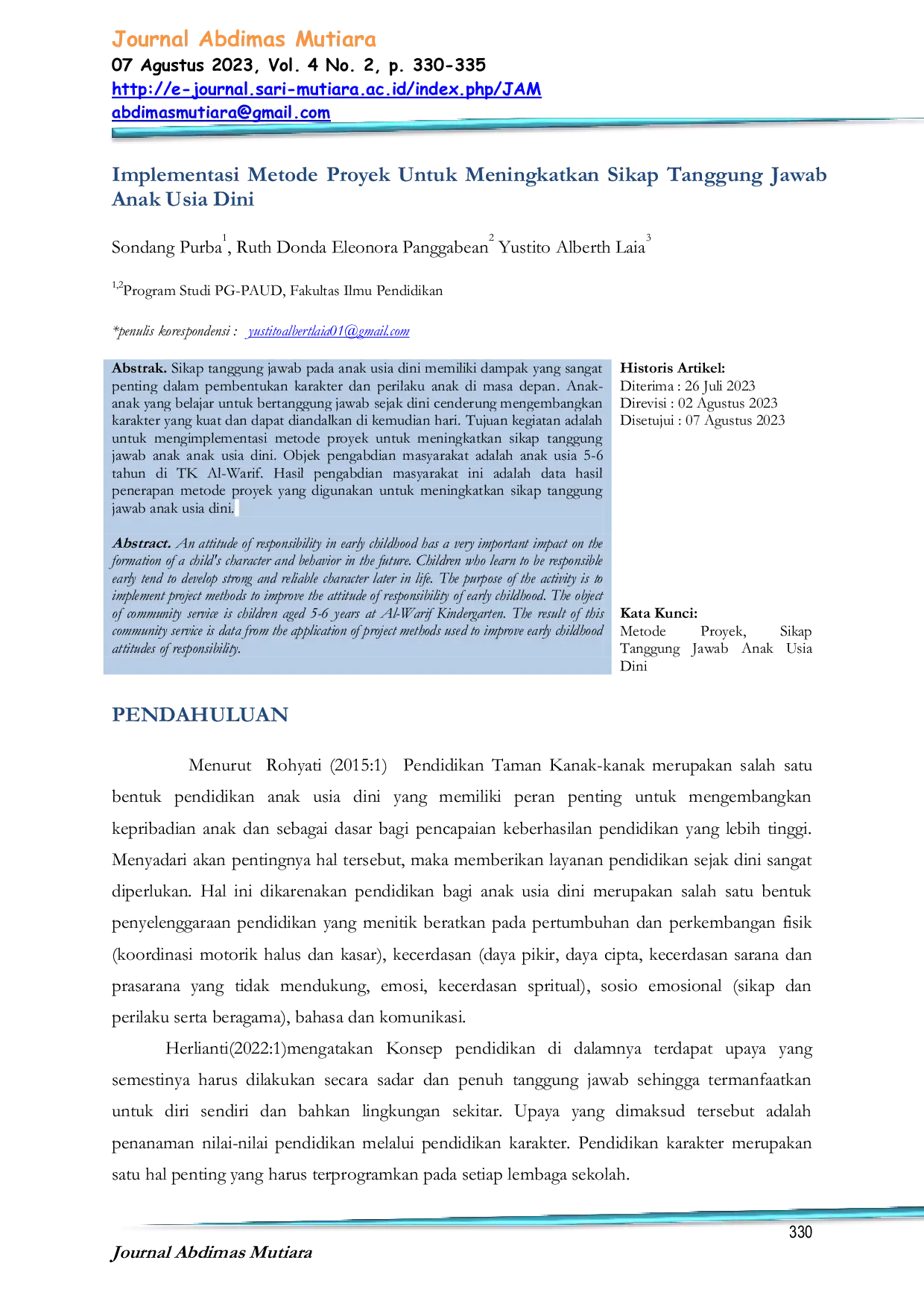 JURIS Implementasi Metode Proyek Untuk Meningkatkan Sikap Tanggung Jawab Anak Usia Dini