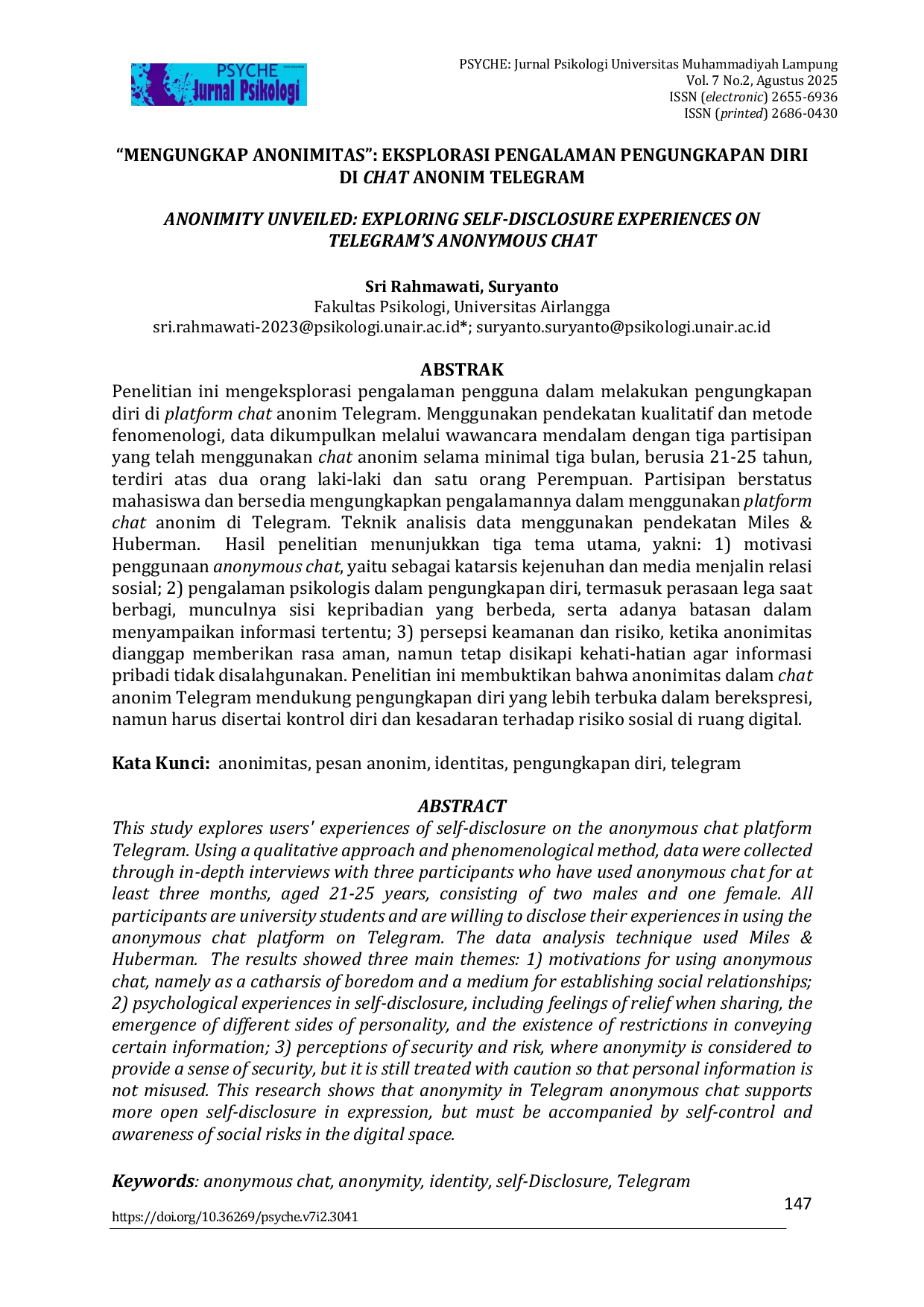 JURIS Mengungkap Anonimitas Eksplorasi Pengalaman Pengungkapan Diri di Chat Anonim Telegram