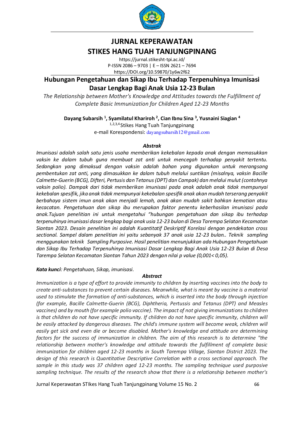 JURIS Hubungan Pengetahuan dan Sikap Ibu Terhadap Terpenuhinya Imunisasi Dasar Lengkap Bagi Anak Usia 12 23 Bulan