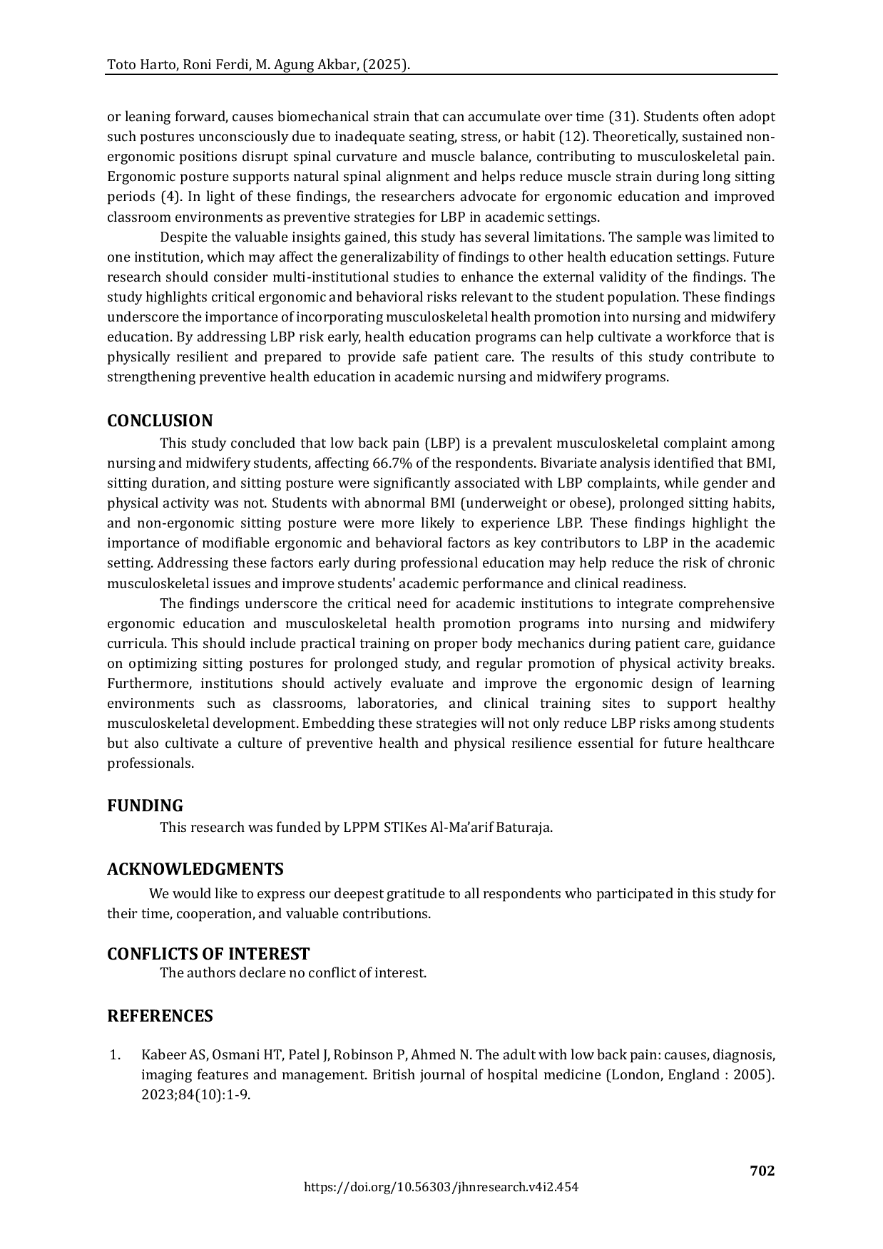 JURIS Prevalence of Low Back Pain and Associated Risk Factors among Nursing and Midwifery Students in Indonesia A Cross Sectional Study