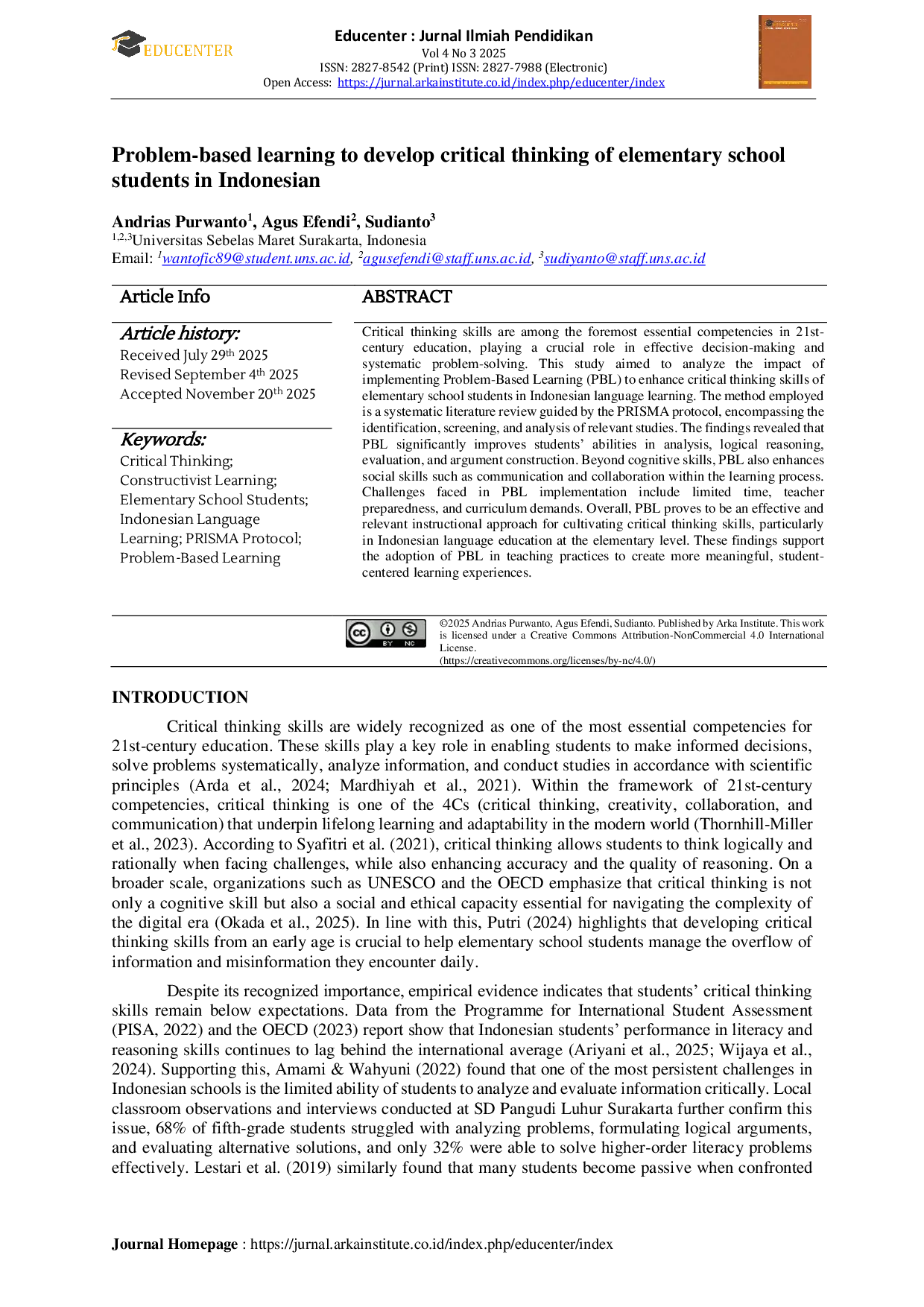 JURIS Problem based learning to develop critical thinking of elementary school students in Indonesian