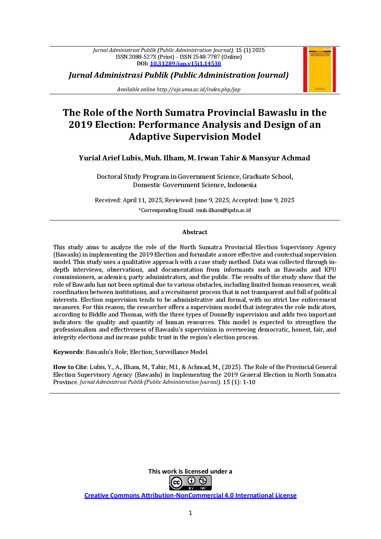 juris The Role of the North Sumatra Provincial Bawaslu in the 2019 Election Performance Analysis and Design of an Adaptive Supervision Model