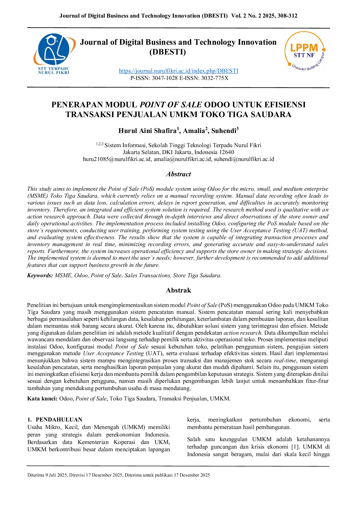 JURIS Implementation of the Odoo Point of Sale Module for Sales Transaction Efficiency at MSME Tiga Saudara Store