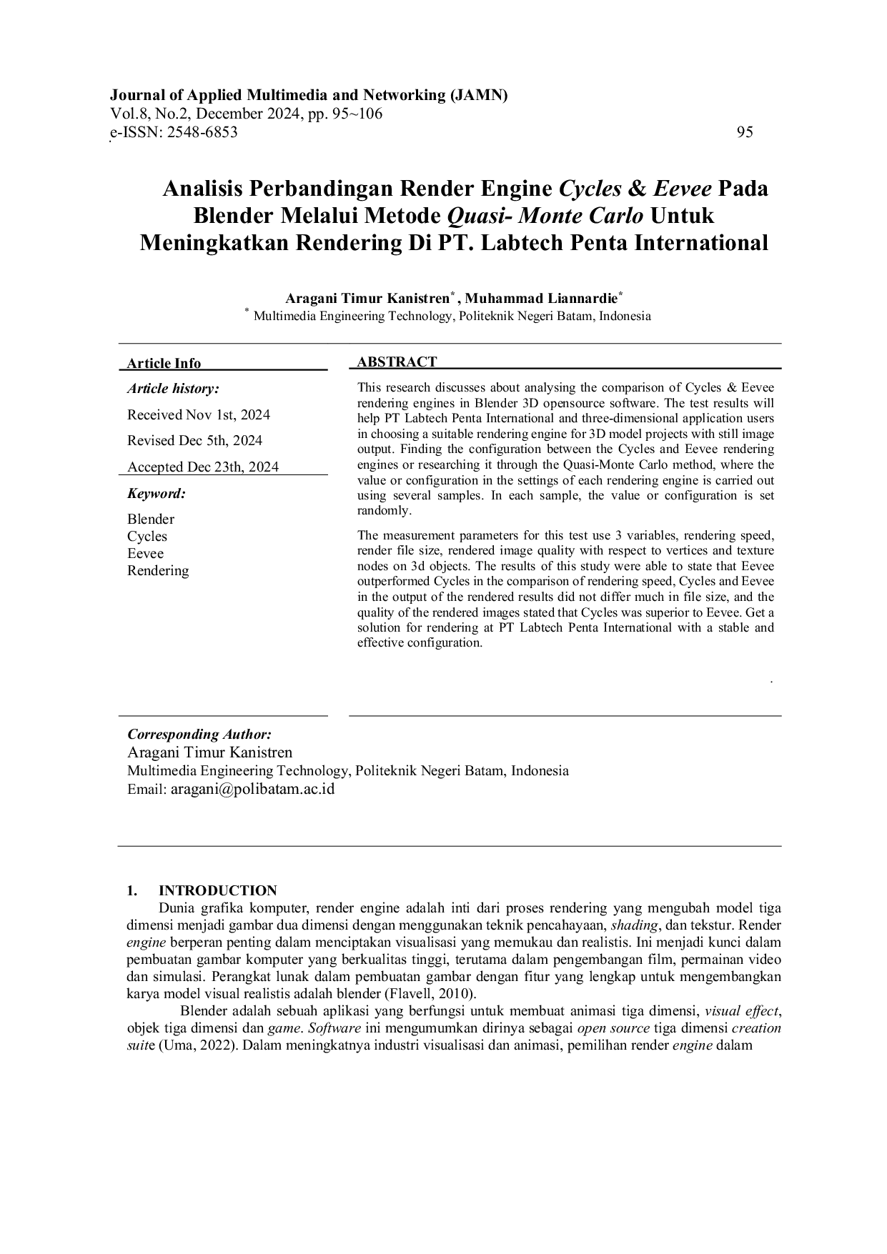 JURIS A Comparative Analysis Of Cycles Eevee Render Engines In Blender Using The Quasi Monte Carlo Method To Enhance Rendering Quality At PT Labtech Penta International