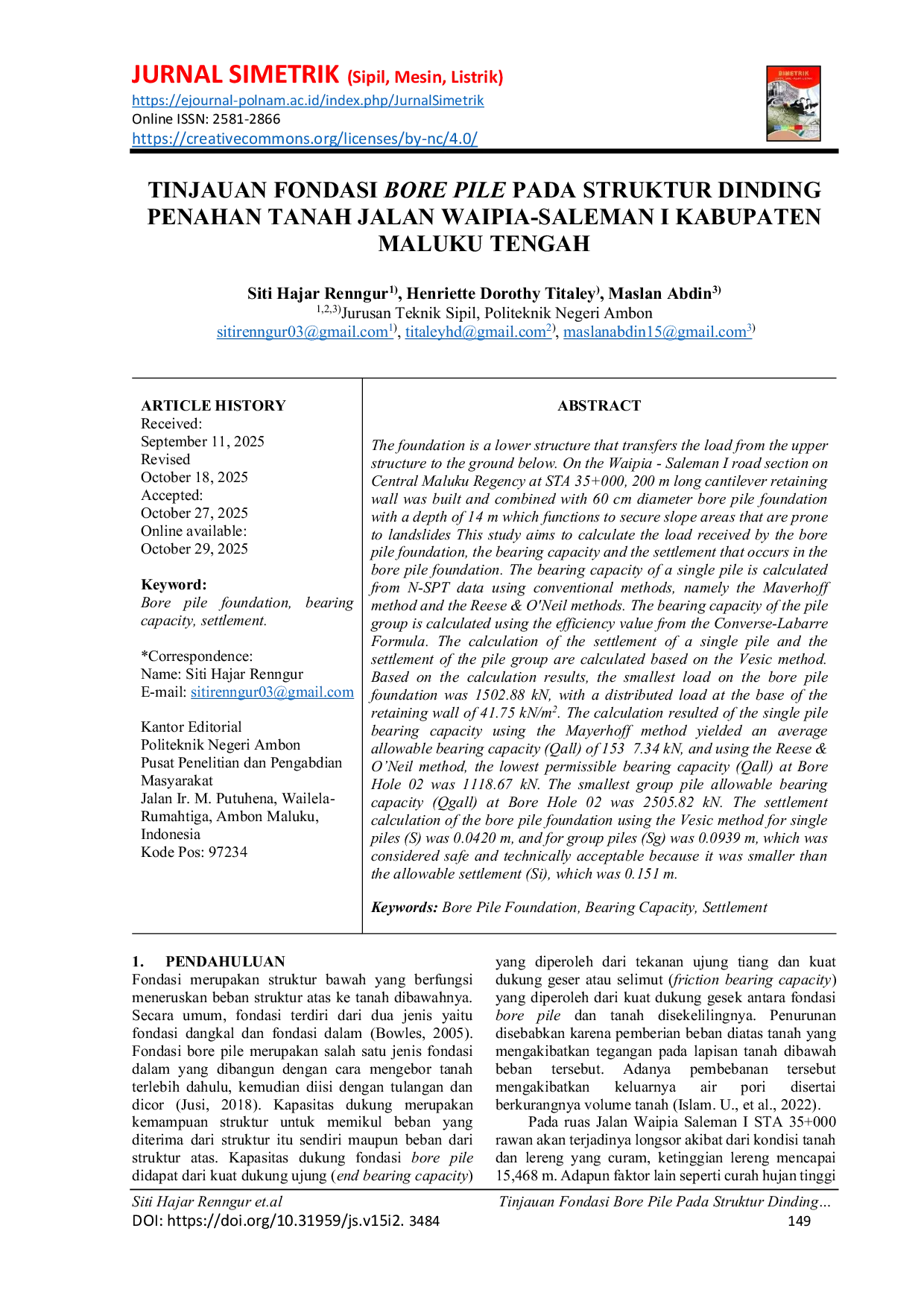 JURIS Tinjauan Fondasi Bore Pile Pada Struktur Dinding Penahan Tanah Jalan Waipia Saleman I Kabupaten Maluku Tengah