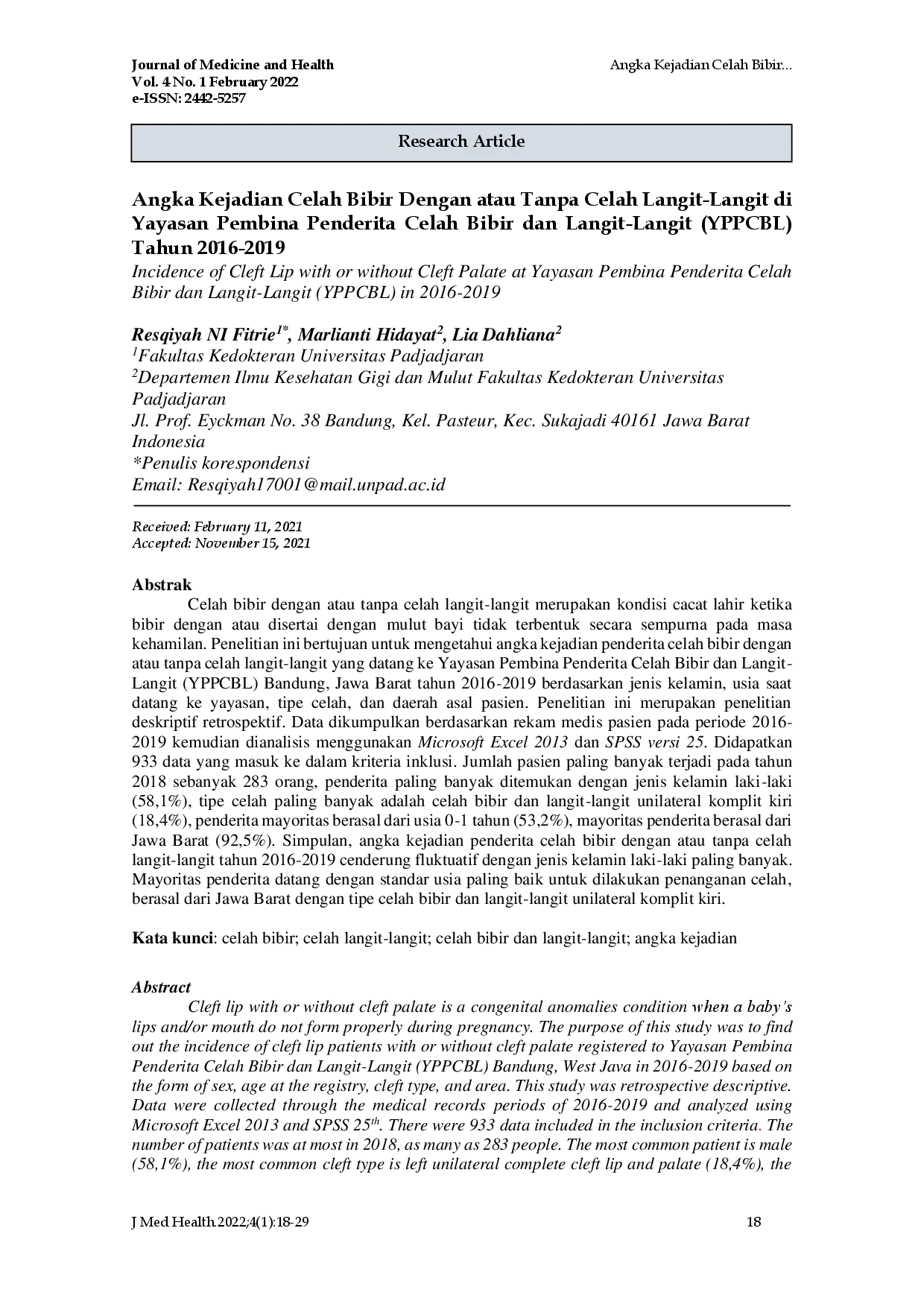 juris Angka Kejadian Celah Bibir Dengan atau Tanpa Celah Langit Langit di Yayasan Pembina Penderita Celah Bibir dan Langit Langit YPPCBL Tahun 2016 2019