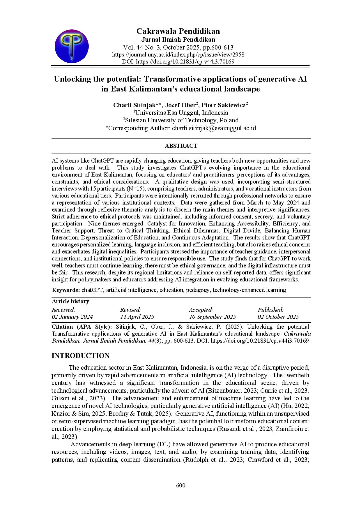 juris Unlocking the potential Transformative applications of generative AI in East Kalimantan s educational landscape