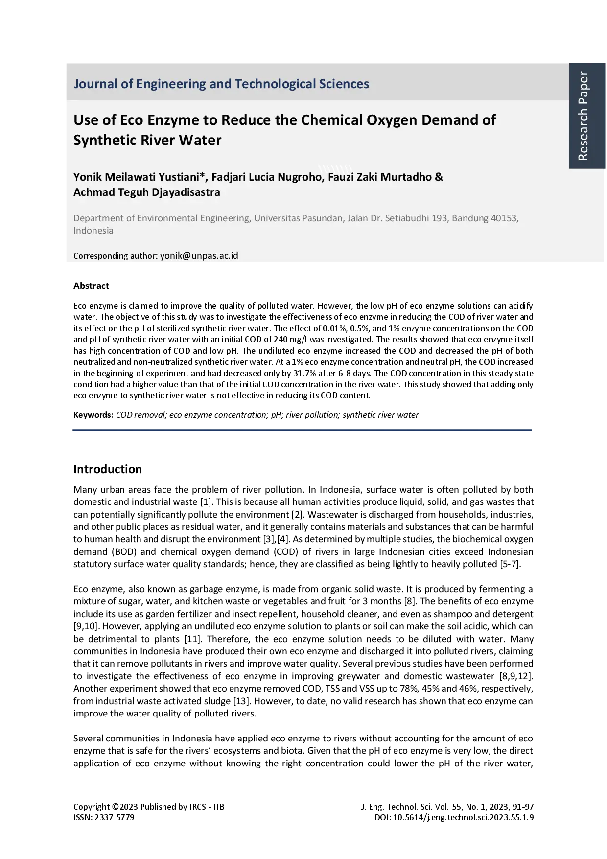 juris Applying Eco Enzyme to Reduce Chemical Oxygen Demand COD Content of Artificial River Water