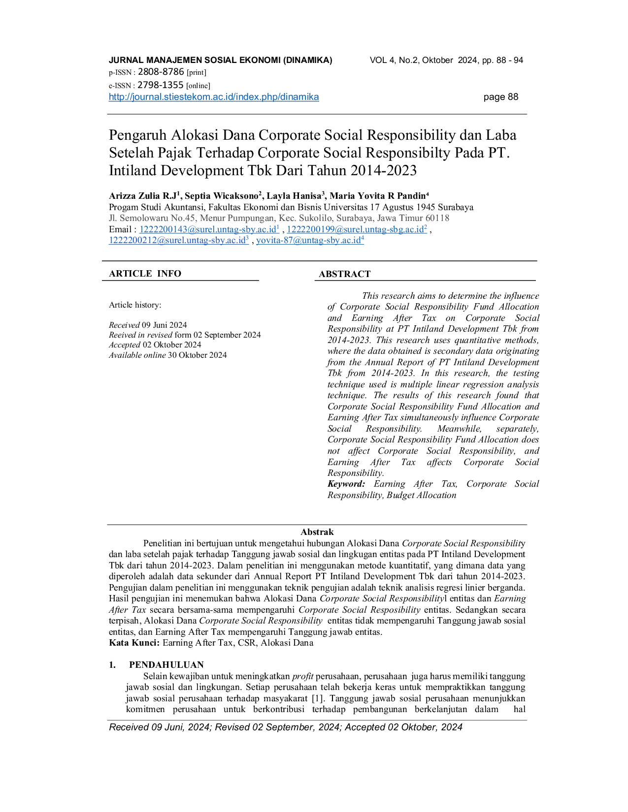 JURIS Pengaruh Alokasi Dana Corporate Social Responsibility dan Laba Setelah Pajak Terhadap Corporate Social Responsibilty Pada PT Intiland Development Tbk Dari Tahun 2014 2023