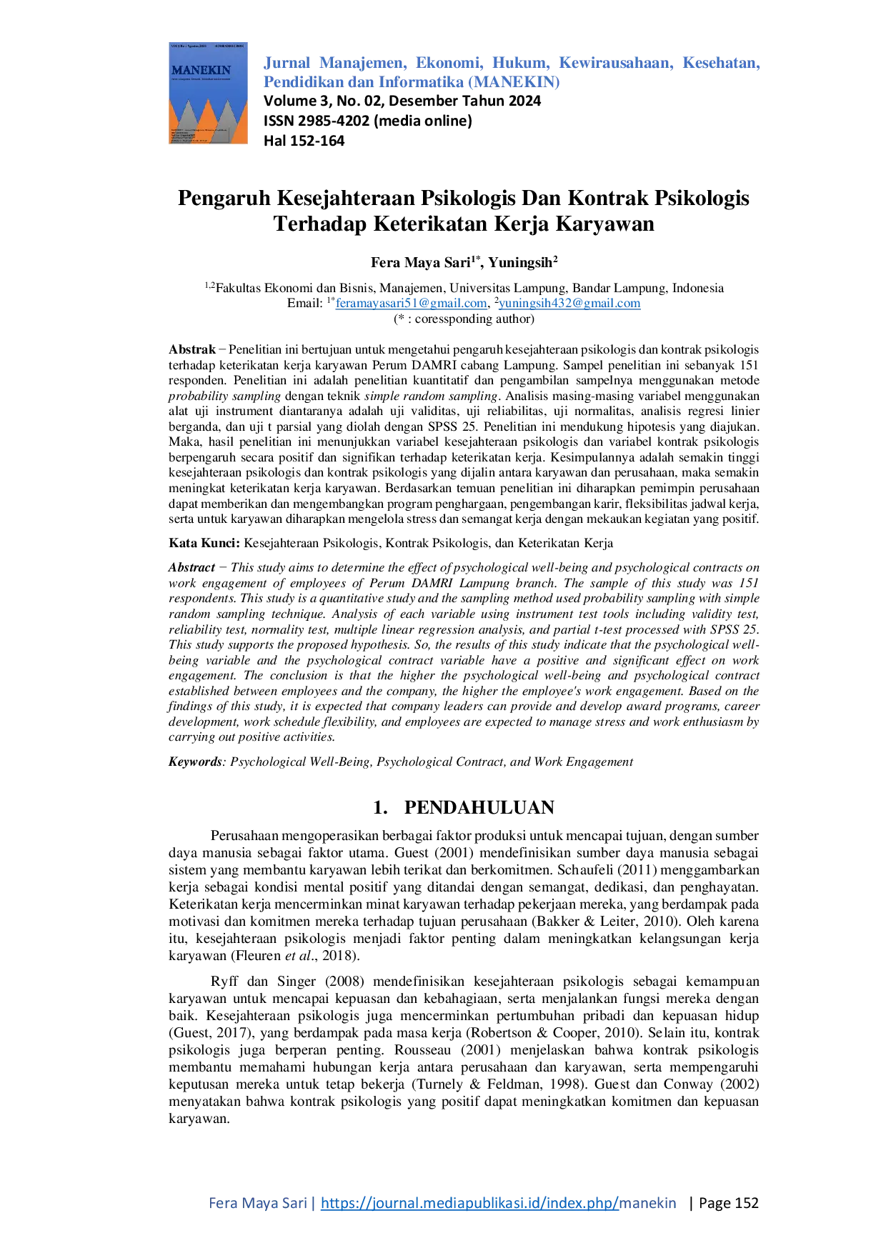 JURIS Pengaruh Kesejahteraan Psikologis Dan Kontrak Psikologis Terhadap Keterikatan Kerja Karyawan