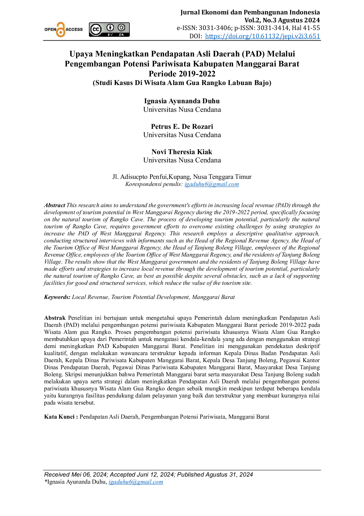 JURIS Upaya Meningkatkan Pendapatan Asli Daerah PAD Melalui Pengembangan Potensi Pariwisata Kabupaten Manggarai Barat Periode 2019 2022 Studi Kasus Di Wisata Alam Gua Rangko Labuan Bajo