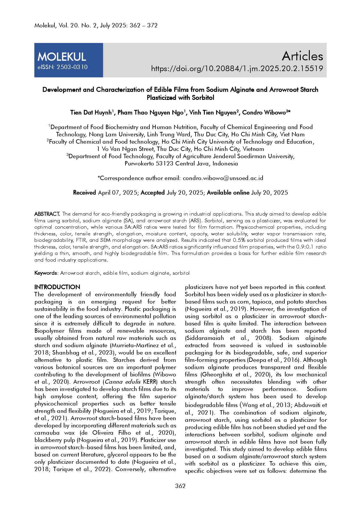 juris Development and Characterization of Edible Films from Sodium Alginate and Arrowroot Starch Plasticized with Sorbitol