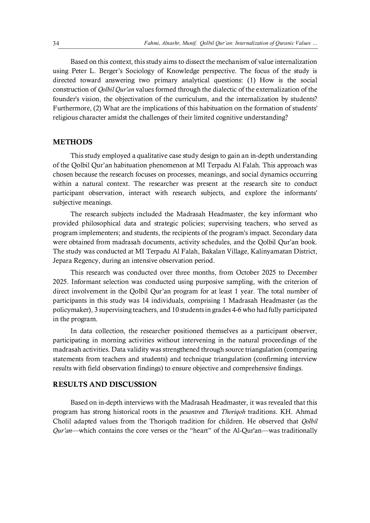 JURIS Qolbil Qur an Internalization of Quranic Values in Strengthening Students Religious Character at MI Terpadu Al Falah
