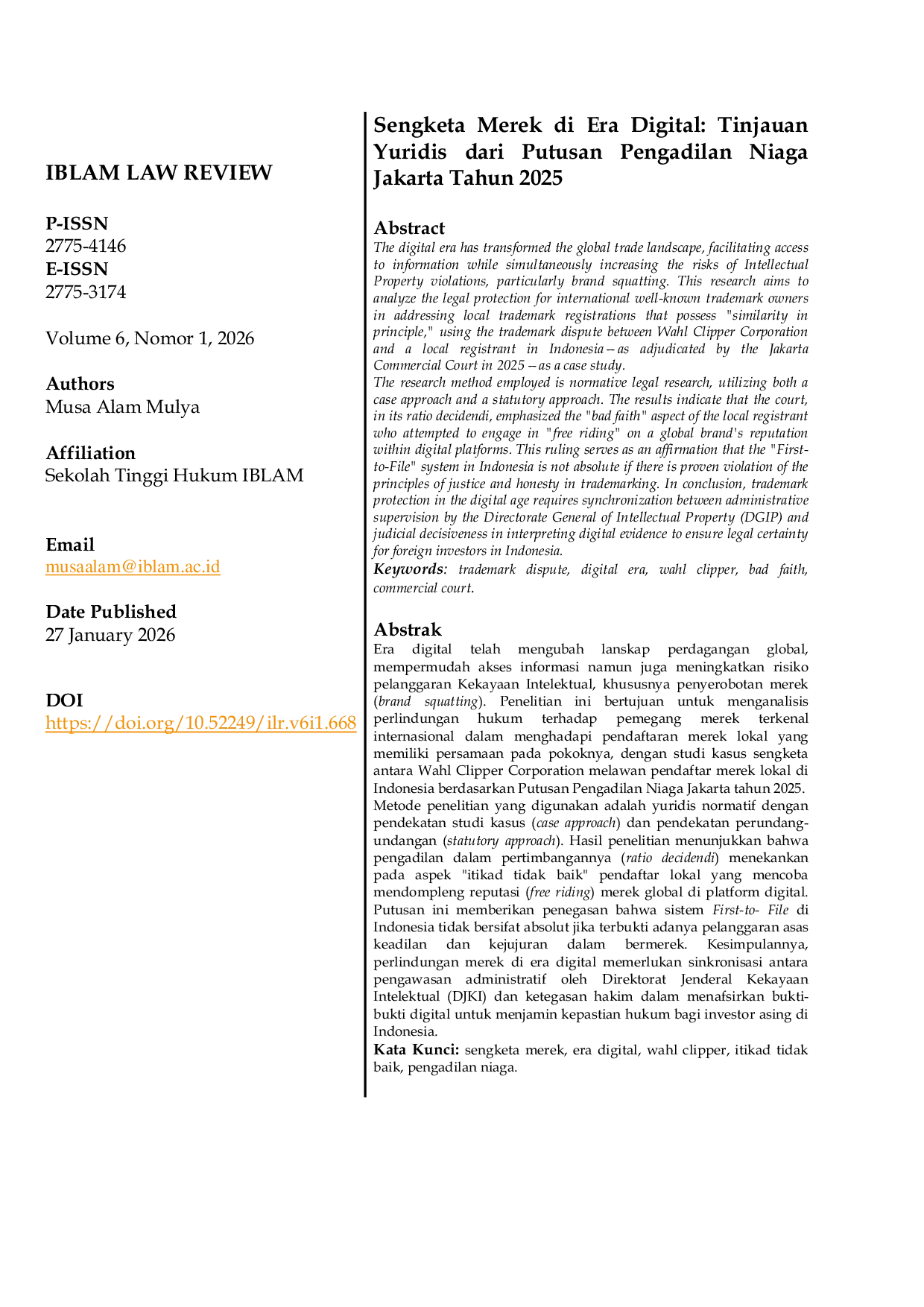 JURIS Sengketa Merek di Era Digital Tinjauan Yuridis dari Putusan Pengadilan Niaga Jakarta Tahun 2025