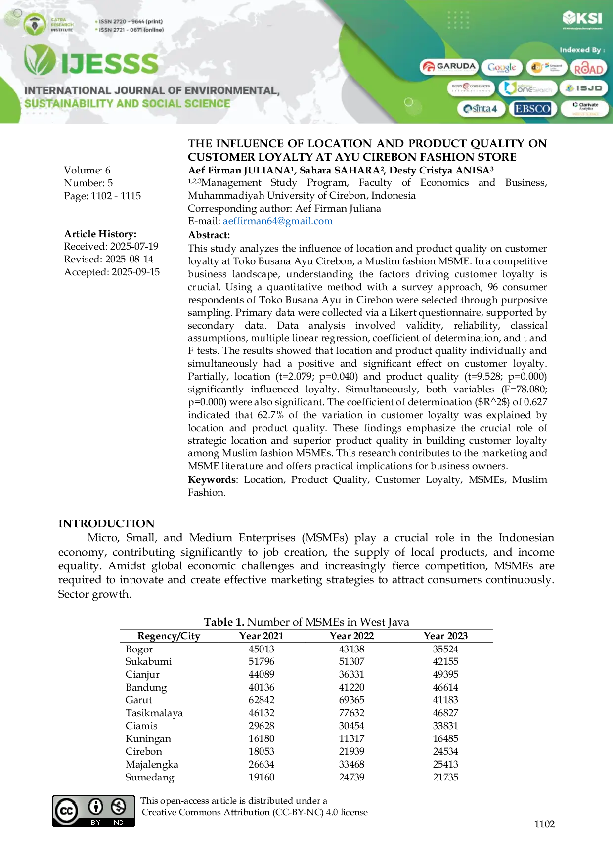 JURIS The Influence of Location and Product Quality on Customer Loyalty at Toko Busana Ayu Cirebon