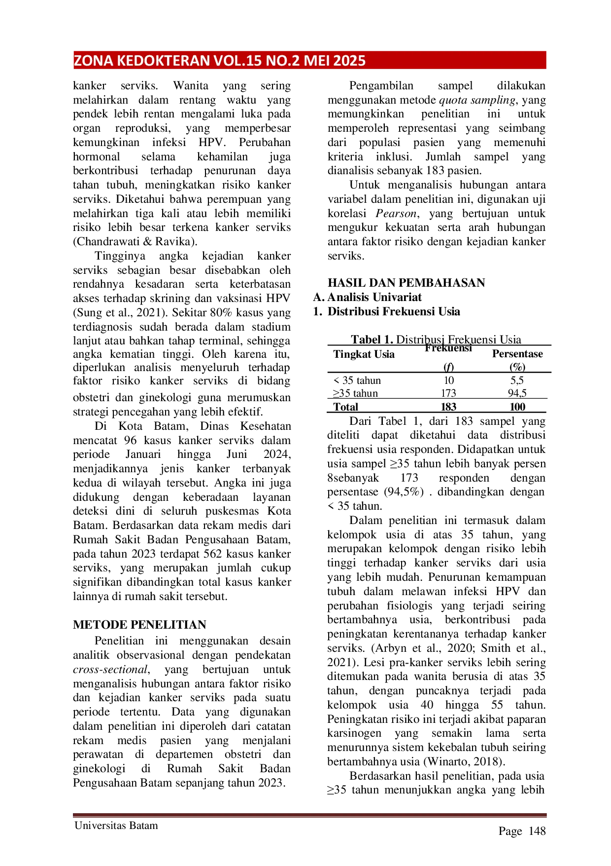 JURIS Analisis Faktor Risiko pada Kanker Serviks di Rumah Sakit Badan Pengusahaan Batam