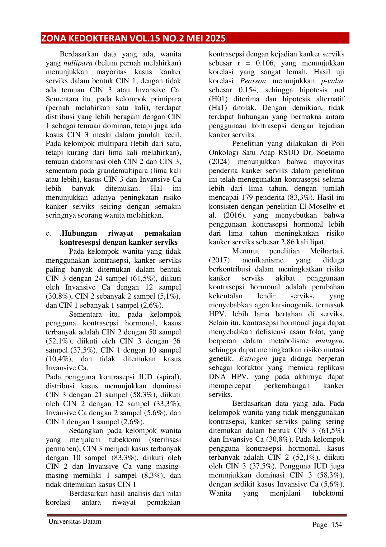 JURIS Analisis Faktor Risiko pada Kanker Serviks di Rumah Sakit Badan Pengusahaan Batam