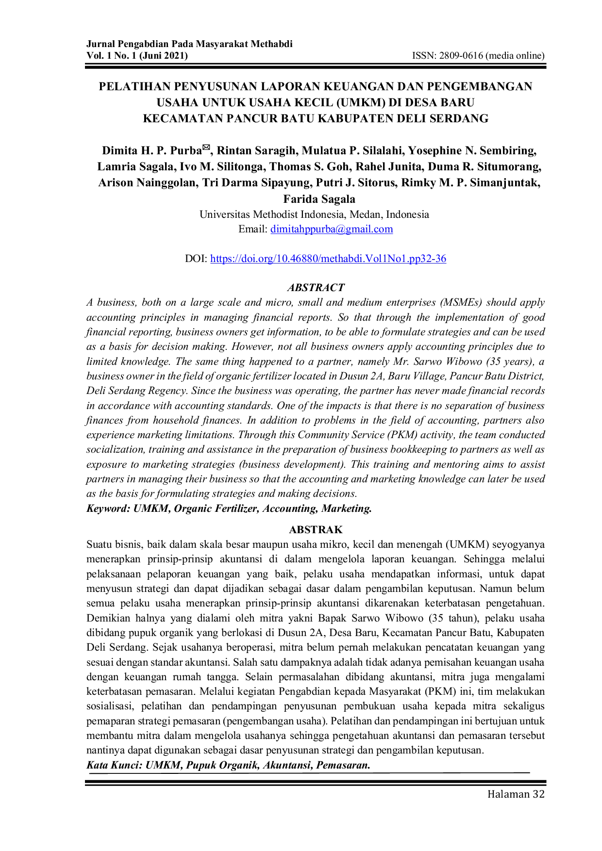 JURIS Pelatihan Penyusunan Laporan Keuangan Dan Pengembangan Usaha Untuk Usaha Kecil UMKM Di Desa Baru Kecamatan Pancur Batu Kabupaten Deli Serdang