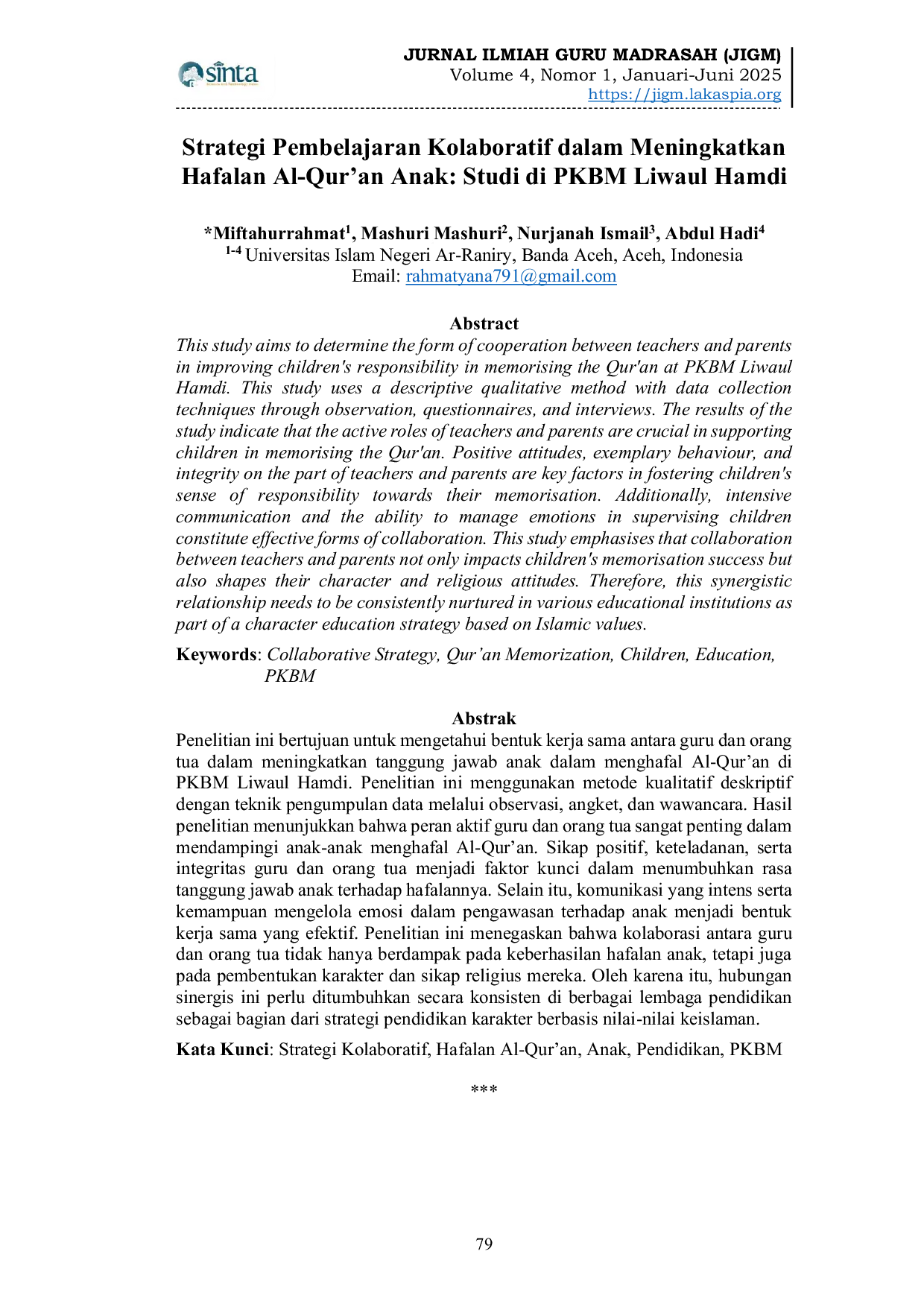JURIS Strategi Pembelajaran Kolaboratif dalam Meningkatkan Hafalan Al Qur an Anak Studi di PKBM Liwaul Hamdi