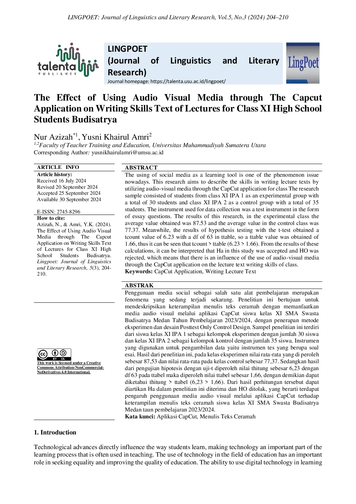 JURIS The Effect of Using Audio Visual Media through The Capcut Application on Writing Skills Text of Lectures for Class XI High School Students Budisatrya
