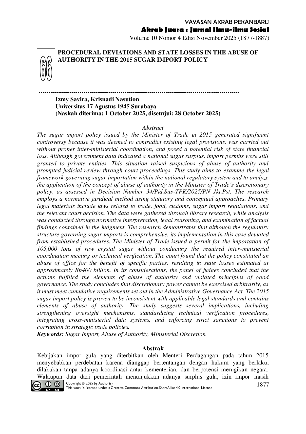 JURIS Procedural Deviations and State Losses in the Abuse of Authority in the 2015 Sugar Import Policy