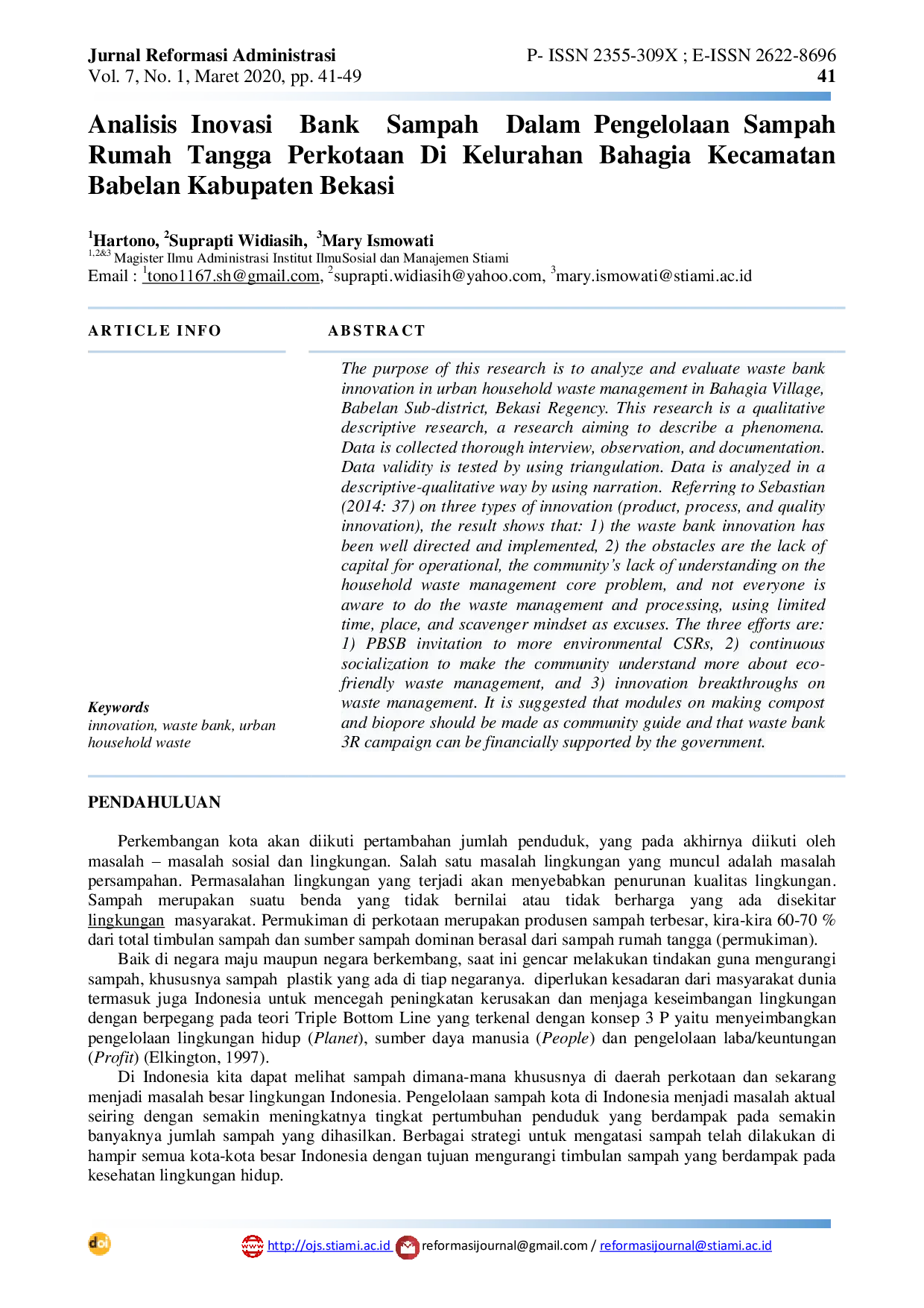 JURIS Analisis Inovasi Bank Sampah Dalam Pengelolaan Sampah Rumah Tangga Perkotaan Di Kelurahan Bahagia Kecamatan Babelan Kabupaten Bekasi