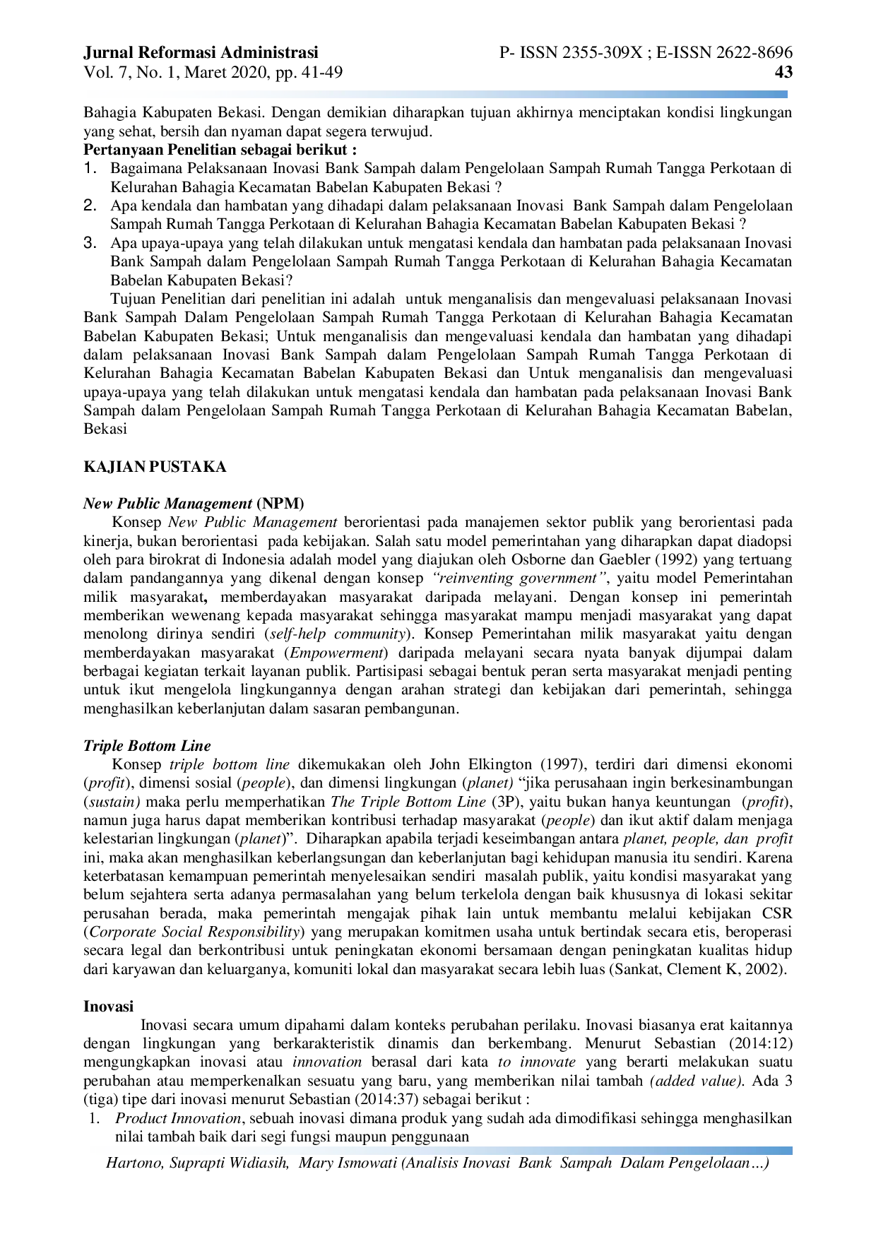 JURIS Analisis Inovasi Bank Sampah Dalam Pengelolaan Sampah Rumah Tangga Perkotaan Di Kelurahan Bahagia Kecamatan Babelan Kabupaten Bekasi