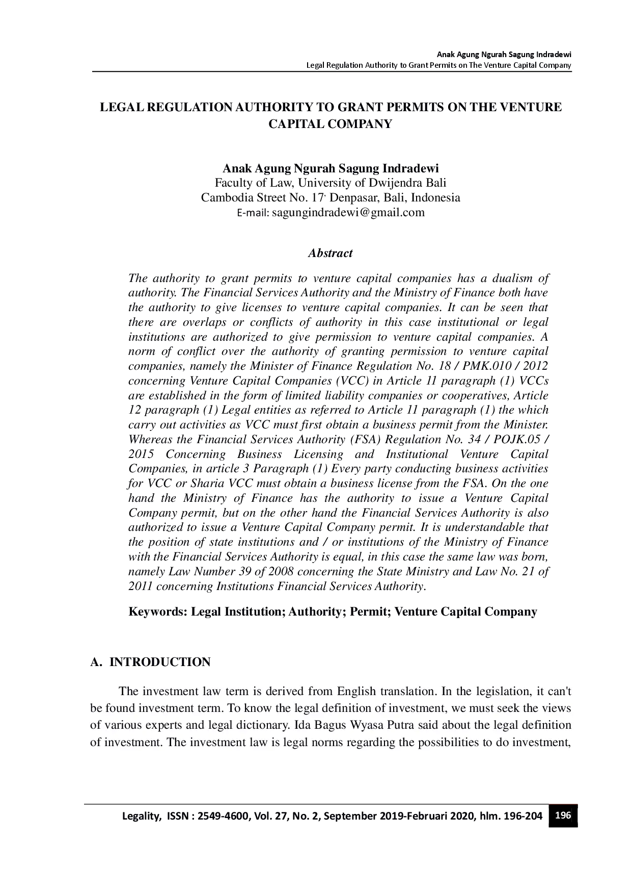 juris Legal Regulation Authority to Grant Permits on the Venture Capital Company