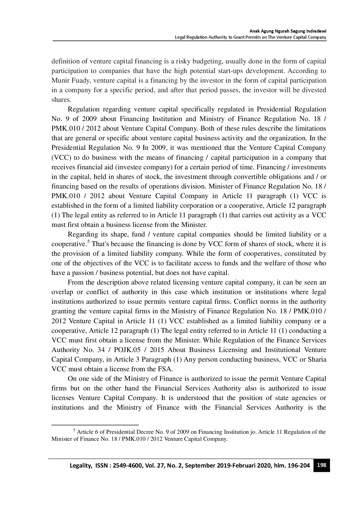 juris Legal Regulation Authority to Grant Permits on the Venture Capital Company