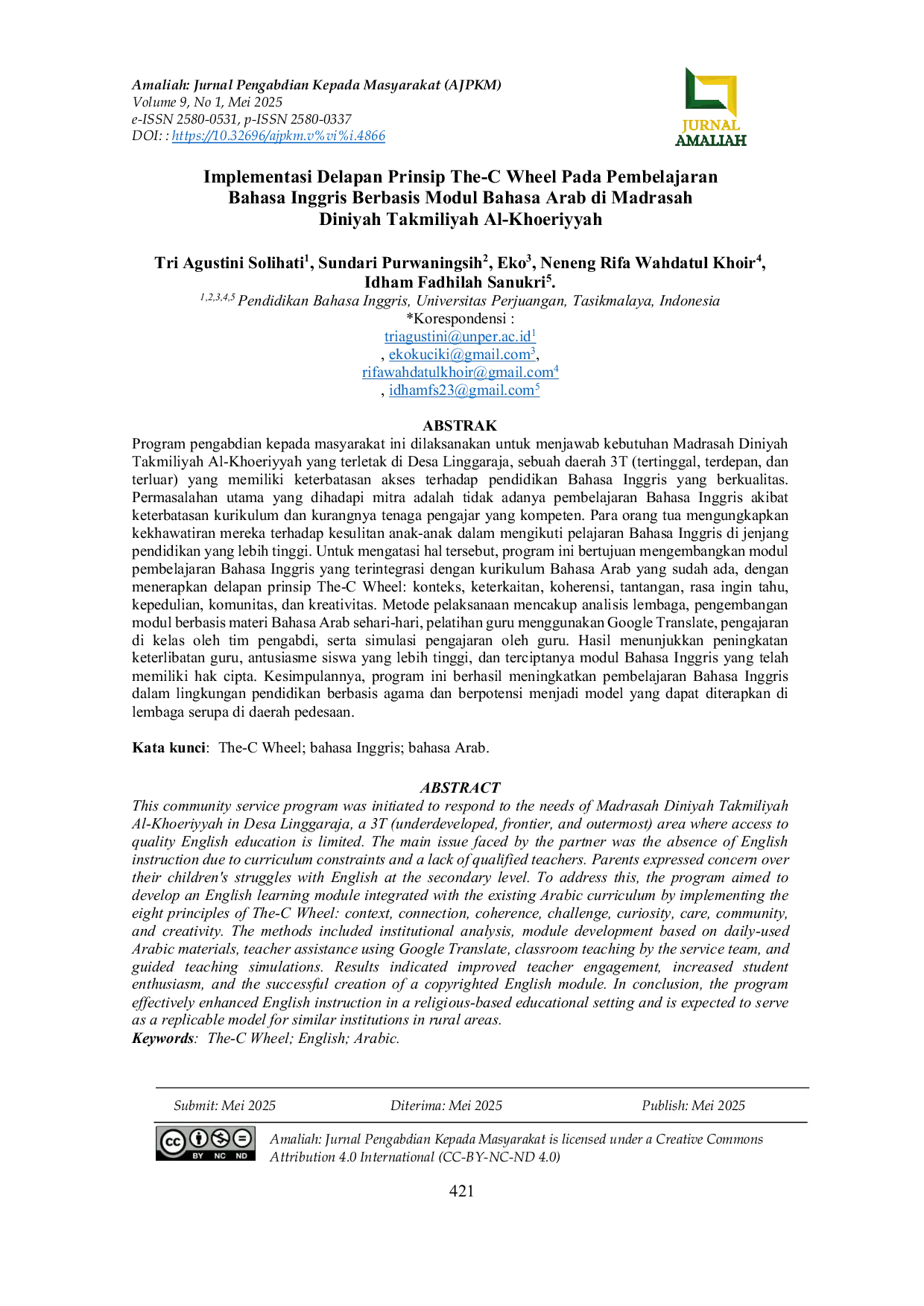 JURIS Implementasi Delapan Prinsip The C Wheel Pada Pembelajaran Bahasa Inggris Berbasis Modul Bahasa Arab di Madrasah Diniyah Takmiliyah Al Khoeriyyah