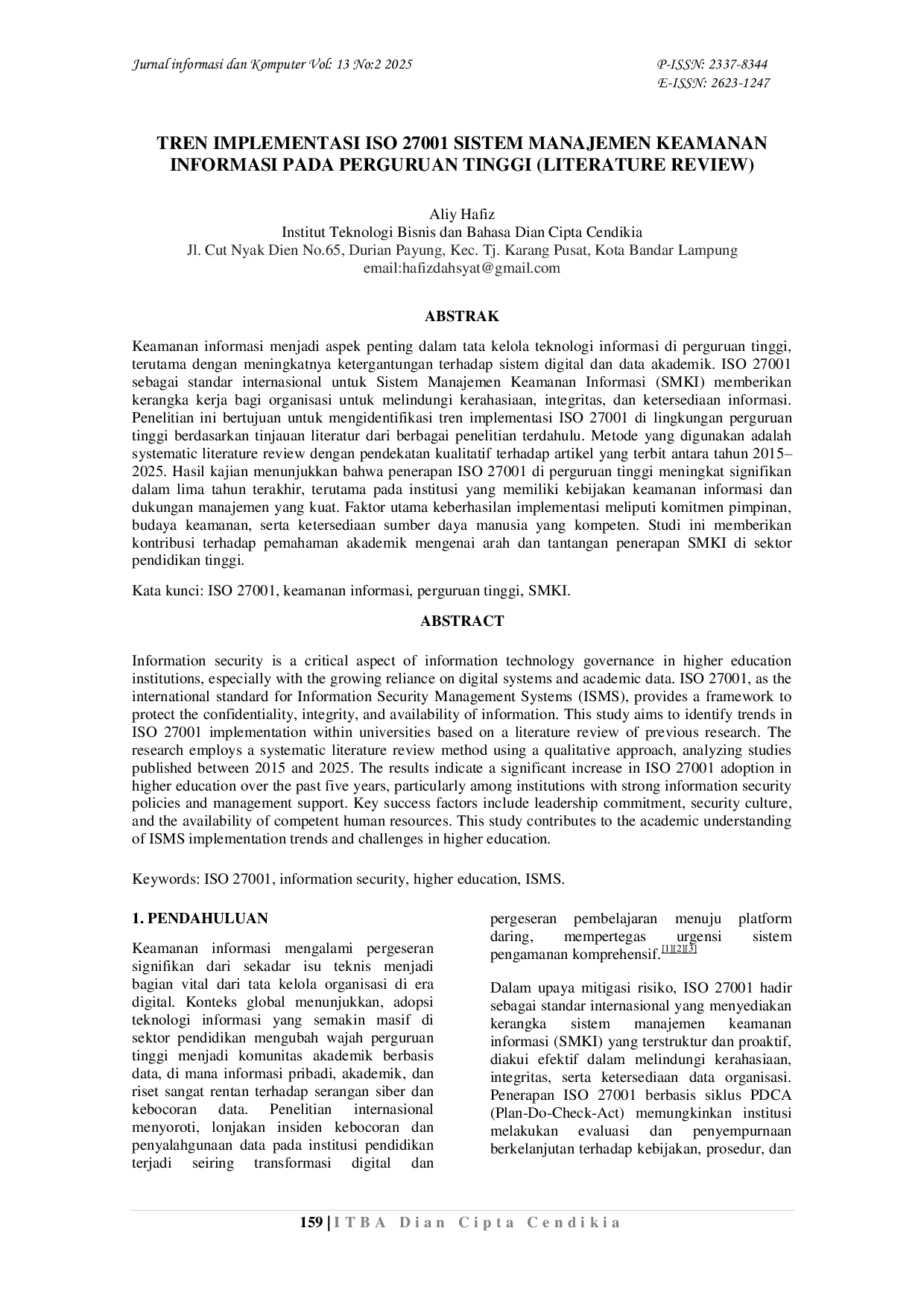 JURIS Tren Implementasi Iso 27001 Sistem Manajemen Keamanan Informasi Pada Perguruan Tinggi Literature Review