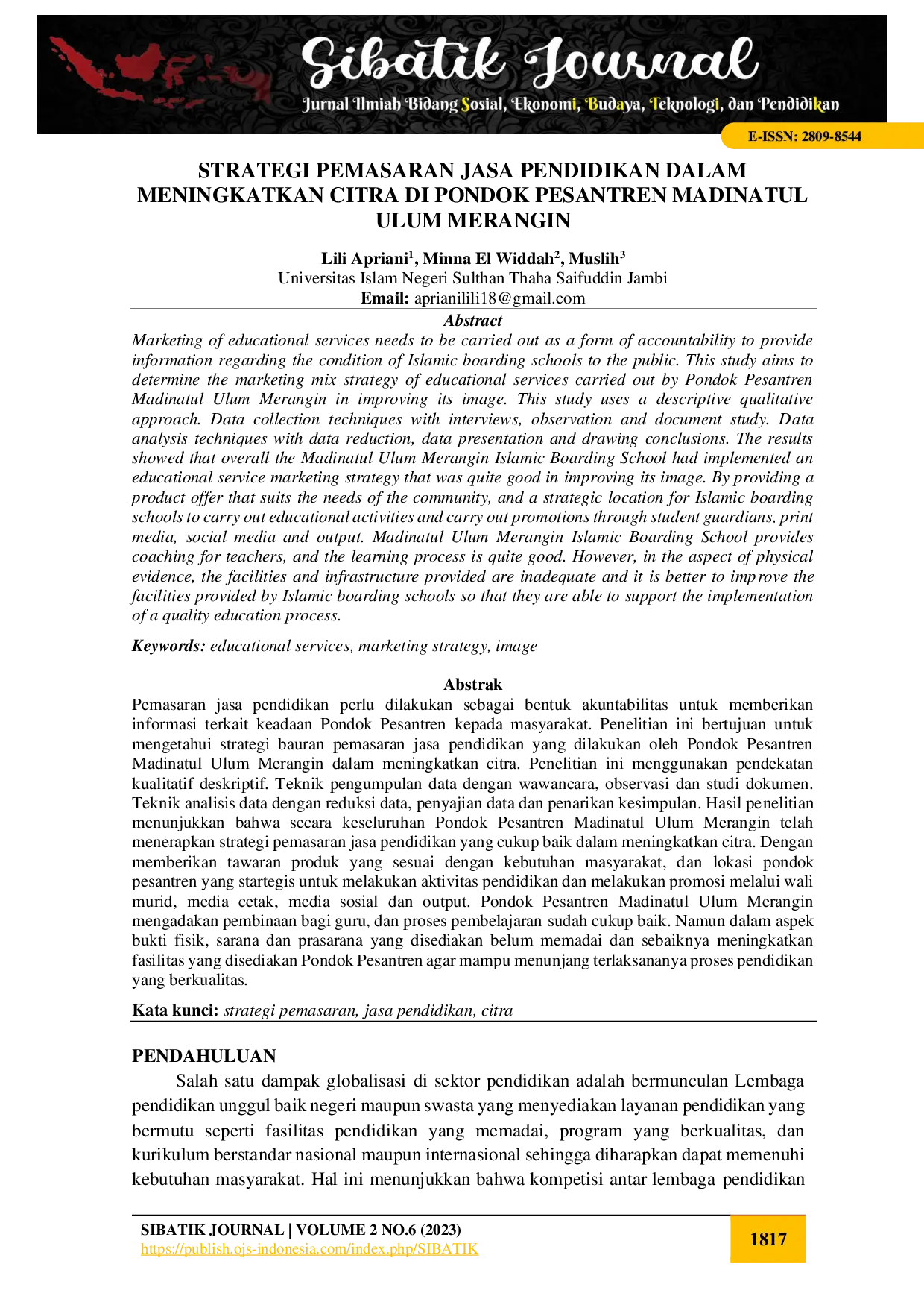 juris Strategi Pemasaran Jasa Pendidikan Dalam Meningkatkan Citra Di Pondok Pesantren Madinatul Ulum Merangin