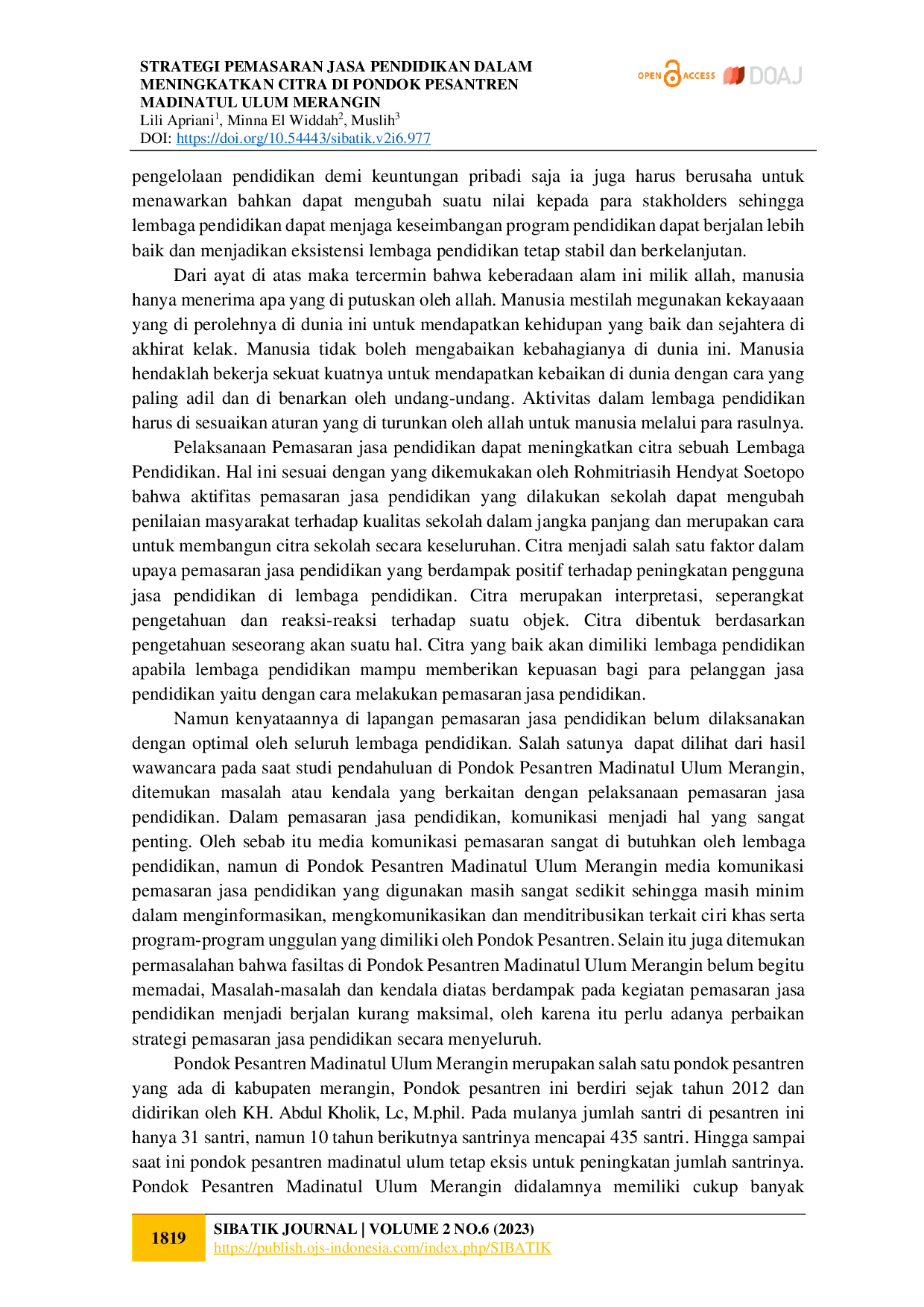juris Strategi Pemasaran Jasa Pendidikan Dalam Meningkatkan Citra Di Pondok Pesantren Madinatul Ulum Merangin