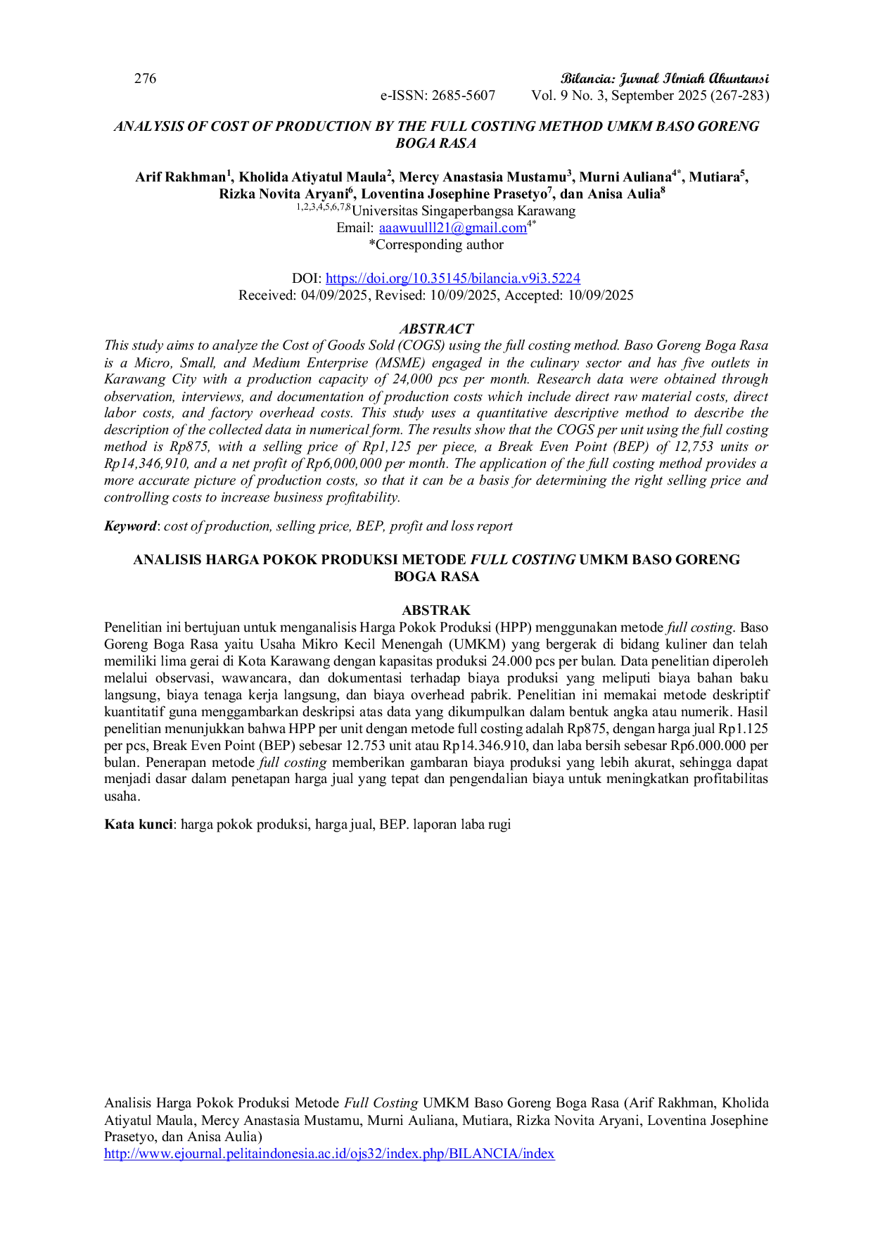 JURIS ANALISIS HARGA POKOK PRODUKSI METODE FULL COSTING UMKM BASO GORENG BOGA RASA