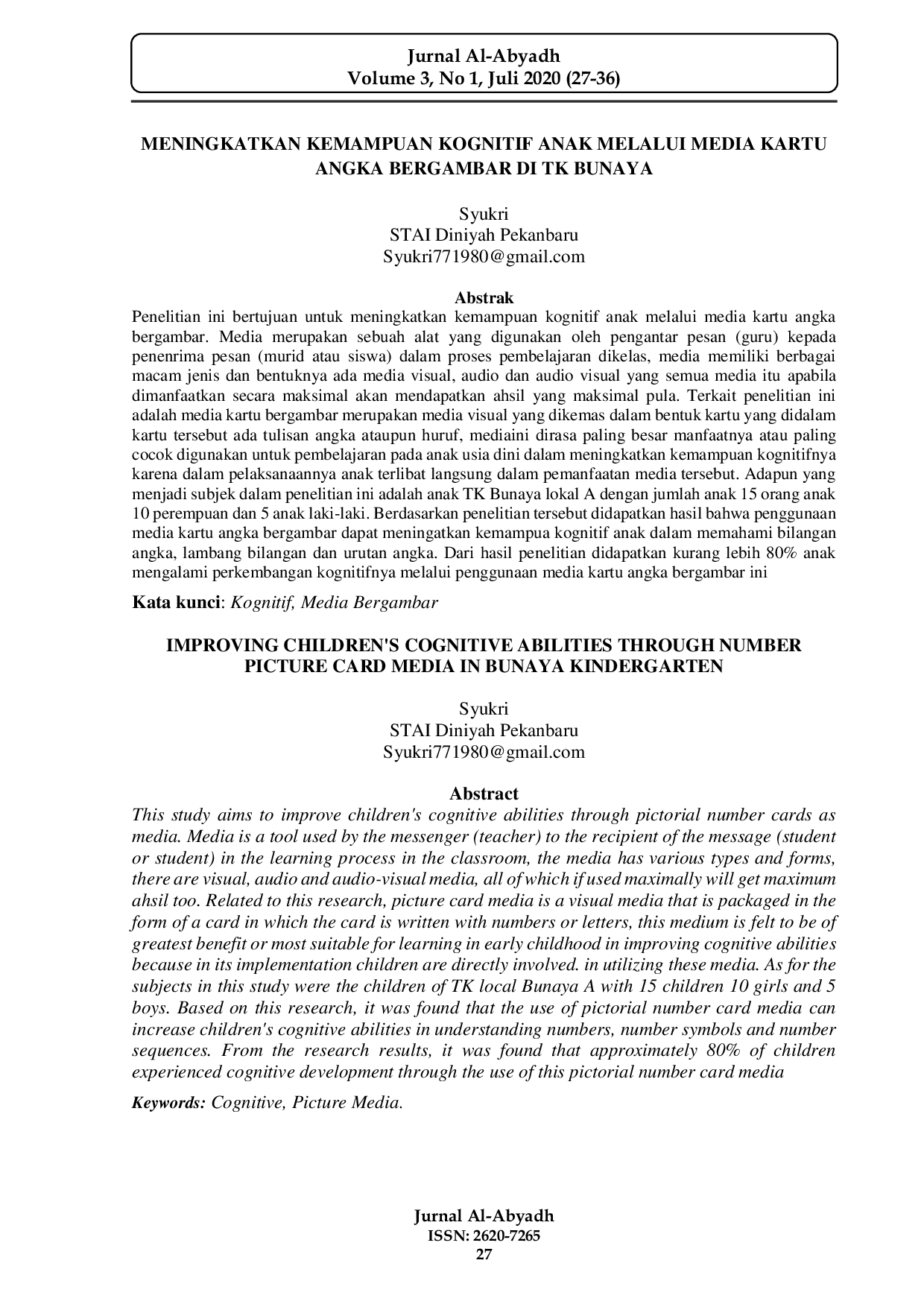 JURIS Meningkatkan Kemampuan Kognitif Anak Melalui Media Kartu Angka Bergambar Di Tk Bunaya