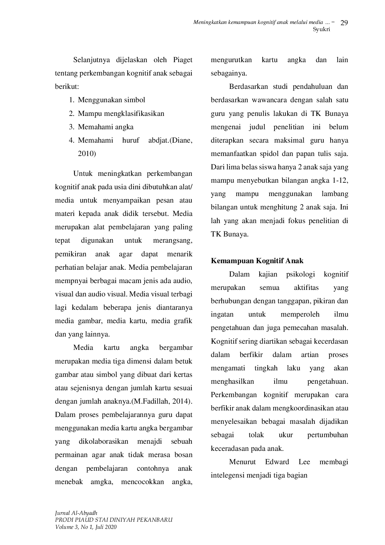 JURIS Meningkatkan Kemampuan Kognitif Anak Melalui Media Kartu Angka Bergambar Di Tk Bunaya